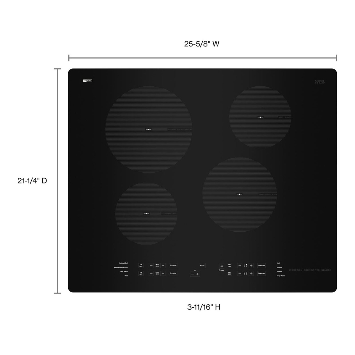 Top view of the black 4-element induction cooktop with width and depth callouts