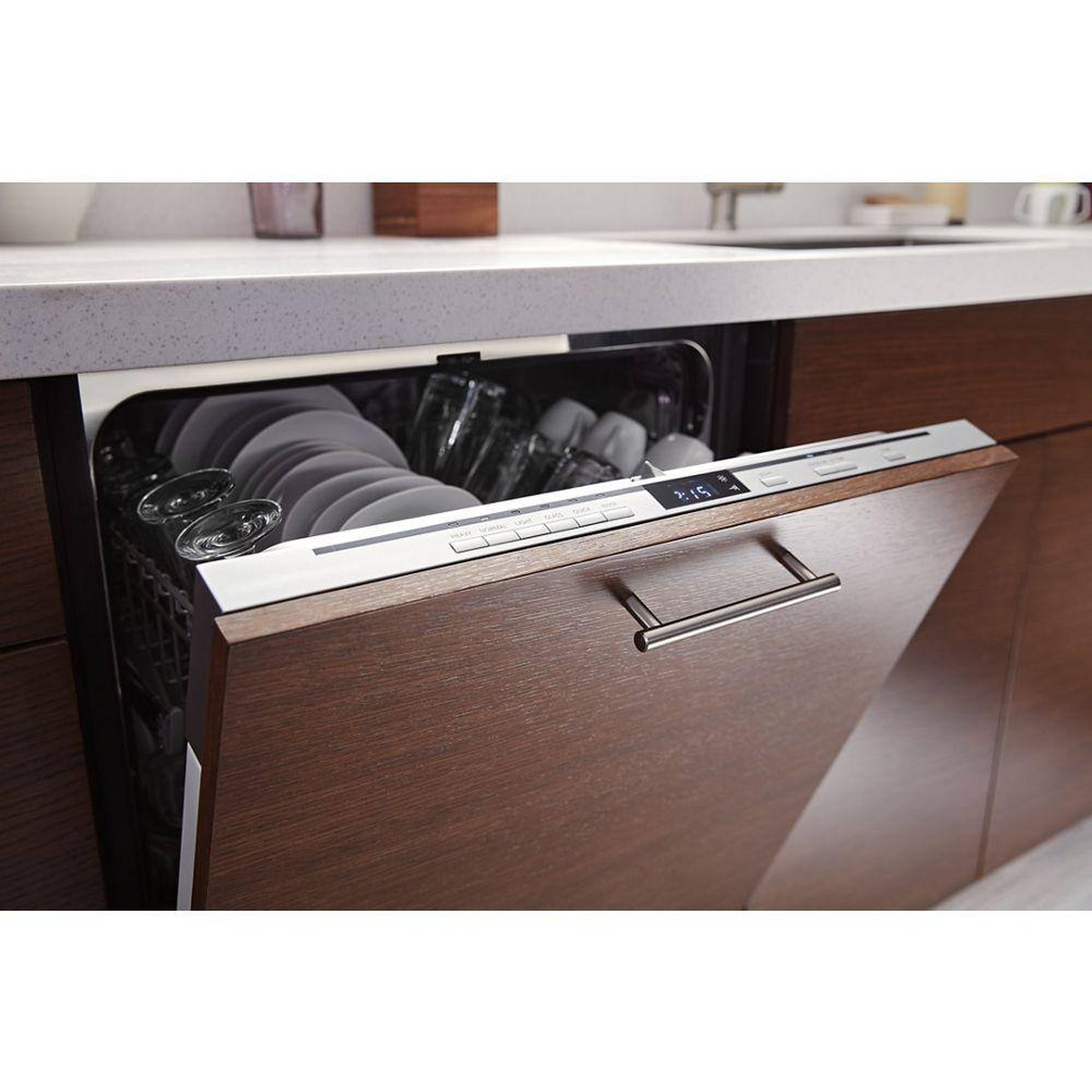 Dishwasher installed with custom wood panel partially open showing hidden top controls.