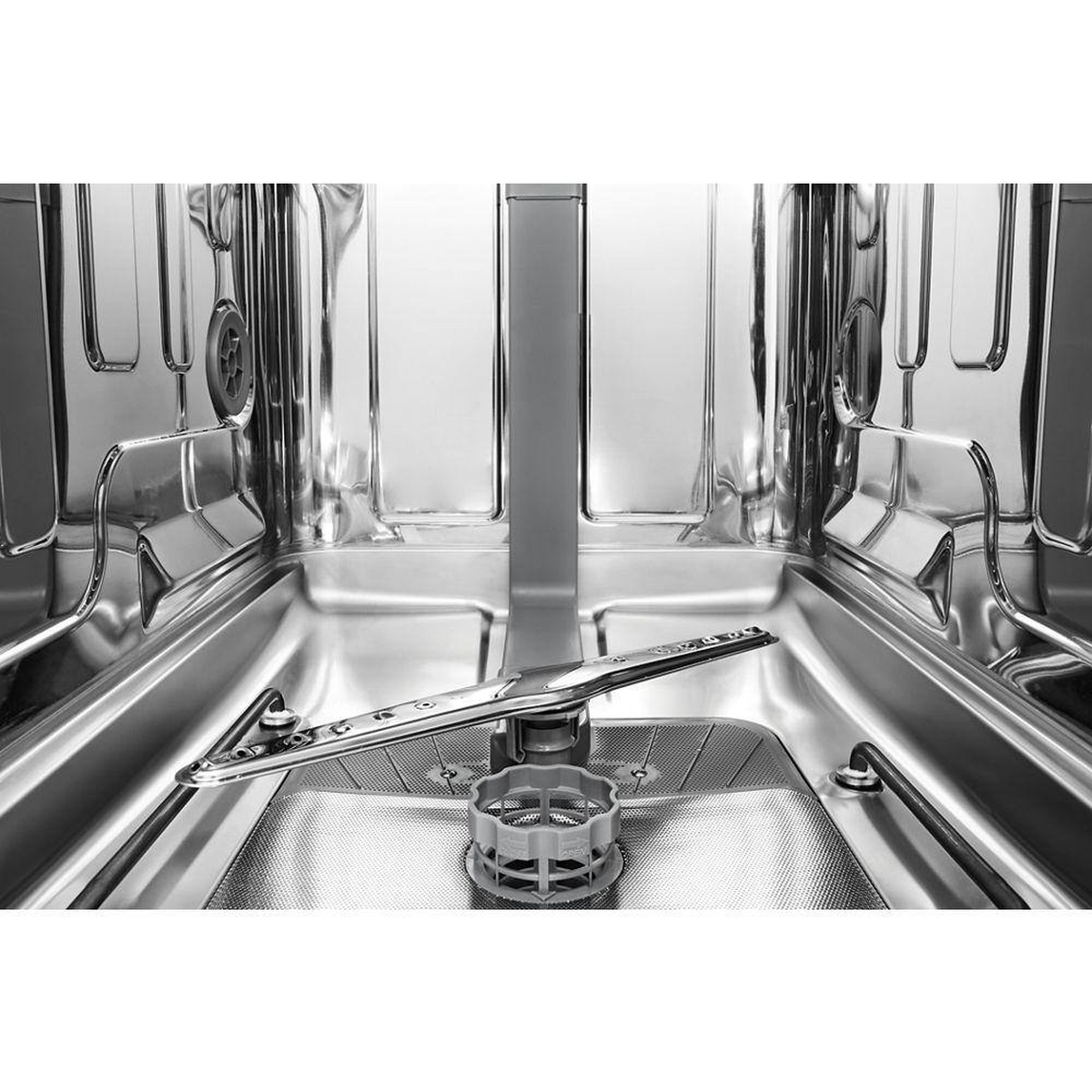 Interior stainless steel tub with spray arm and filtered base.