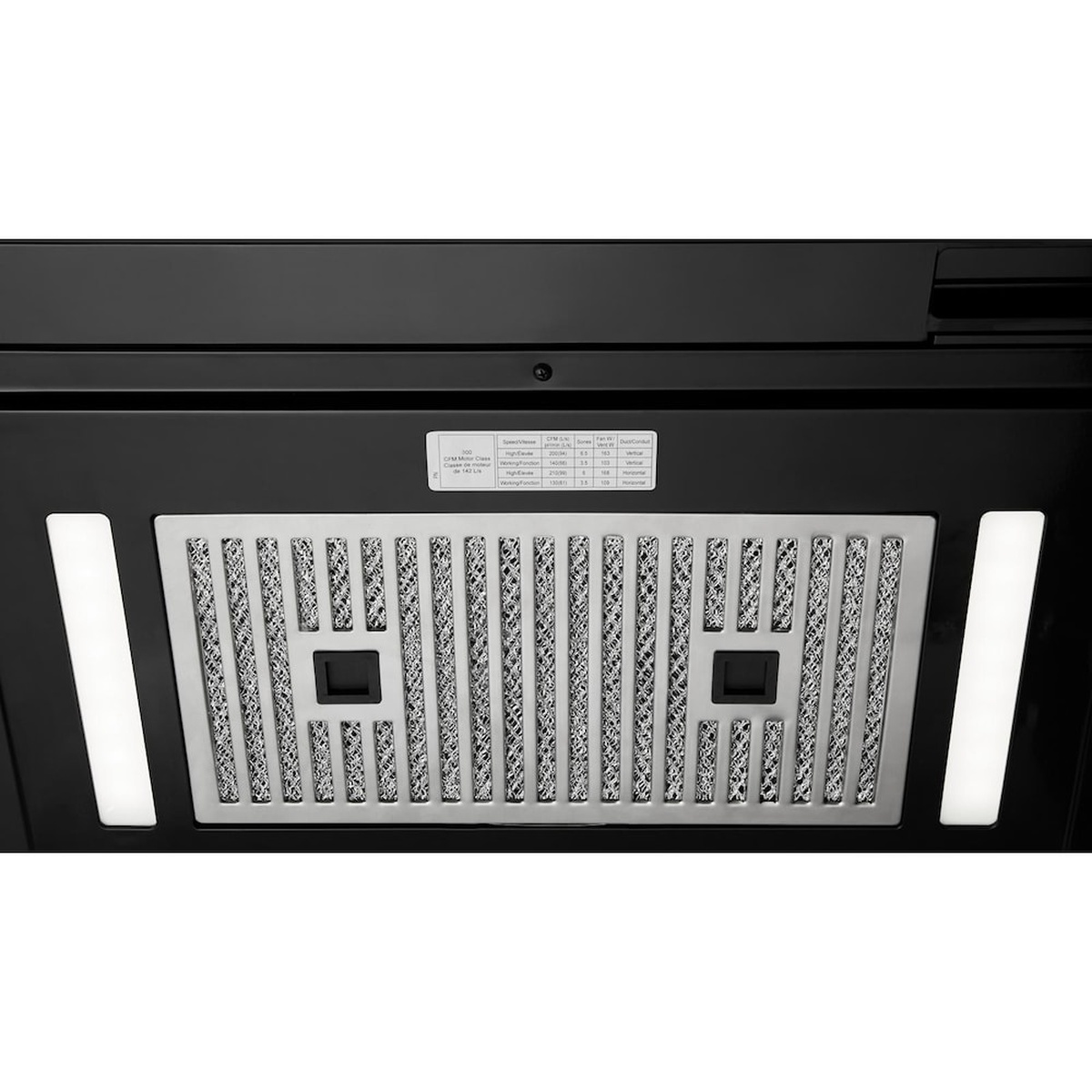 Underside view of microwave with stainless dishwasher-safe filter and LED task lights.