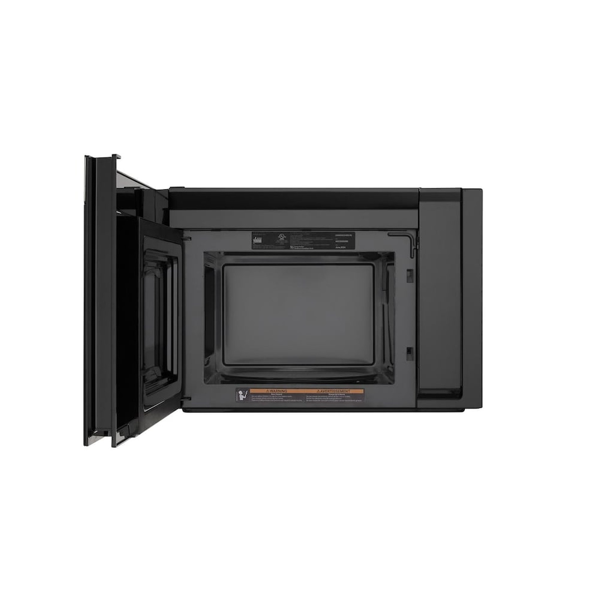 Open Whirlpool over-the-range microwave showing spacious dark interior.