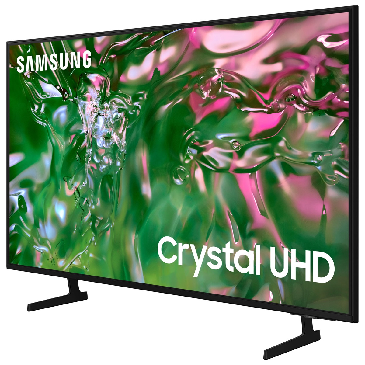 Samsung 50-inch Crystal UHD TV front angled on stand displaying vibrant colours