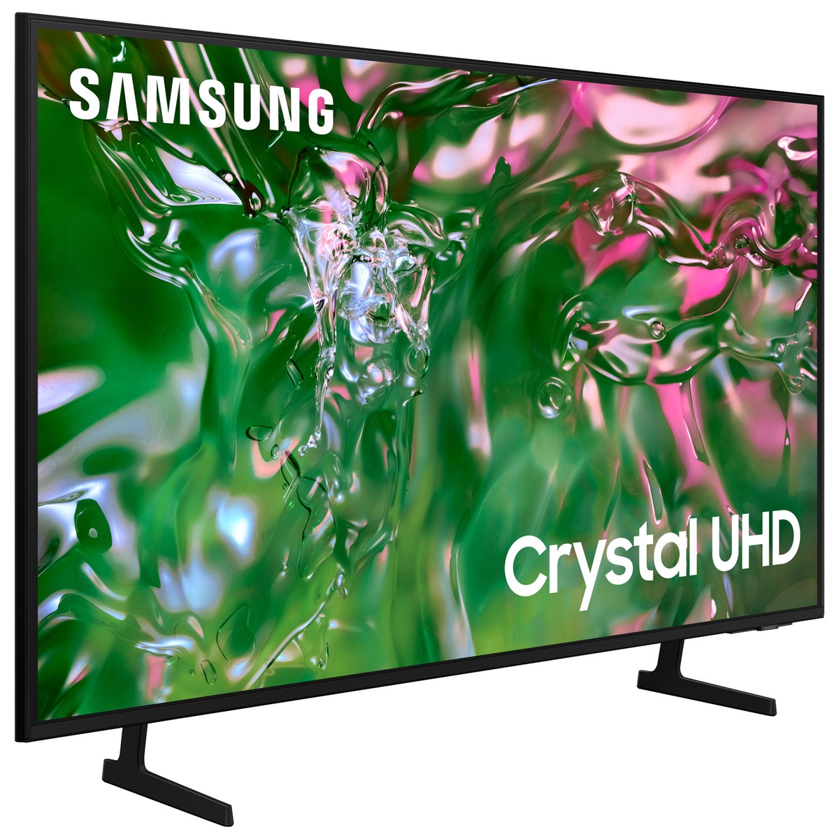 Angled view of Samsung Crystal UHD TV screen with vivid greens and pinks