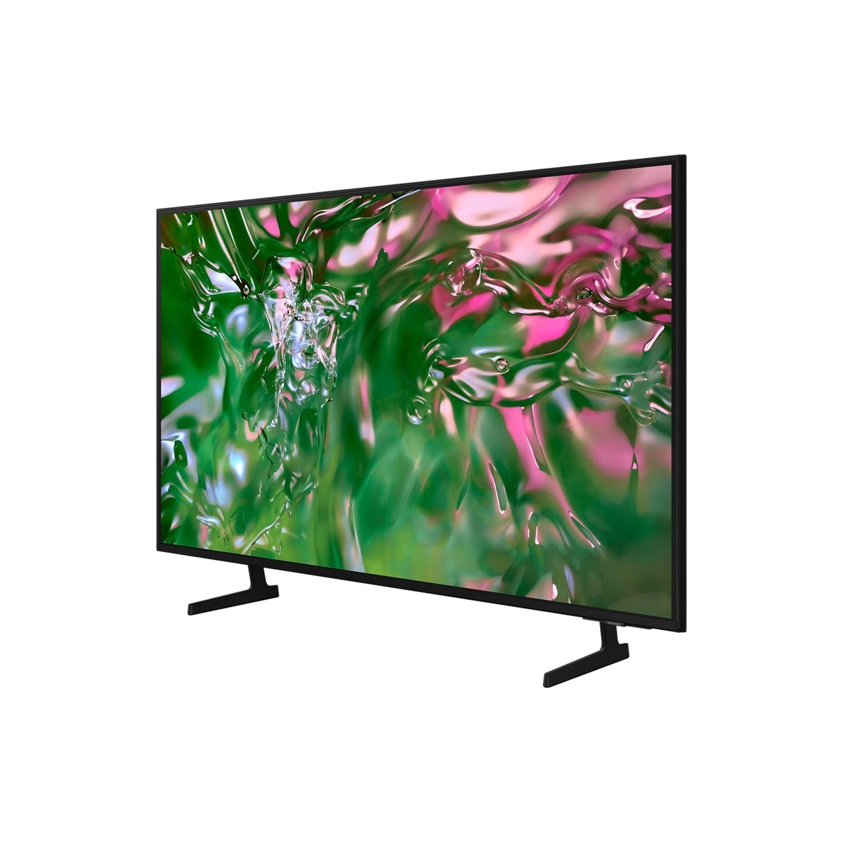 Side angle view of Samsung 55-inch Crystal UHD 4K TV on dual feet stand showing slim bezels.
