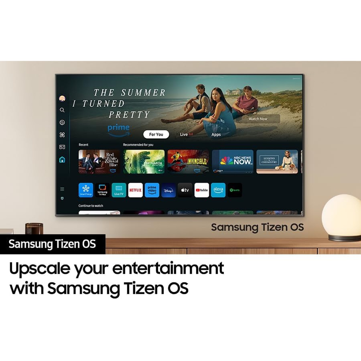 Samsung Tizen OS home screen with popular streaming apps on a wall-mounted TV