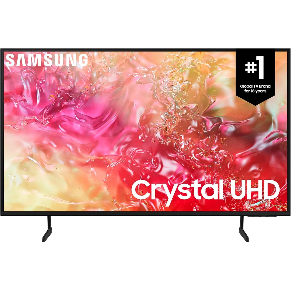 Samsung Crystal UHD 55-inch TV on dual feet displaying a vivid abstract image