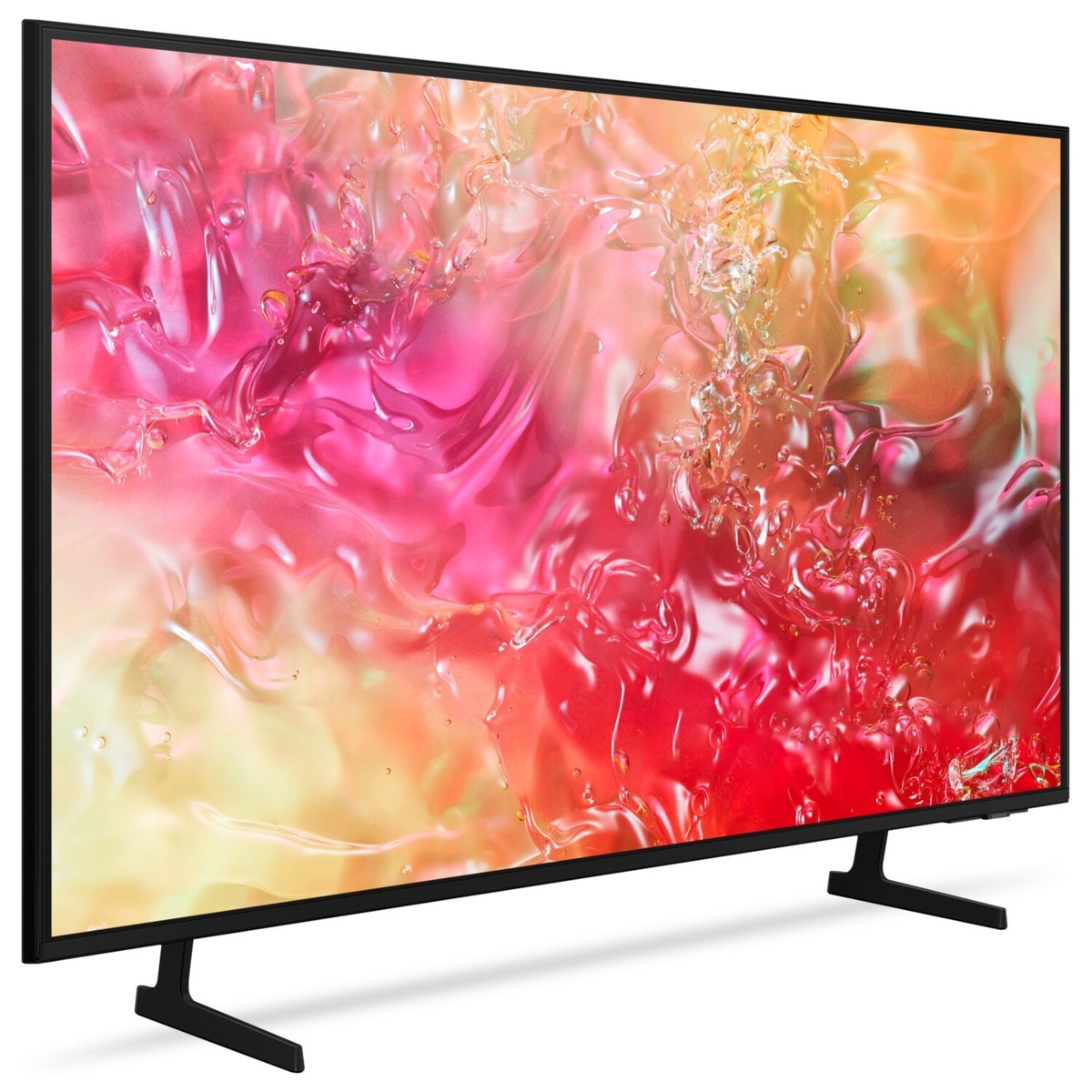Side angle view of Samsung 60-inch Crystal UHD TV on dual feet showing slim bezels and vivid display.