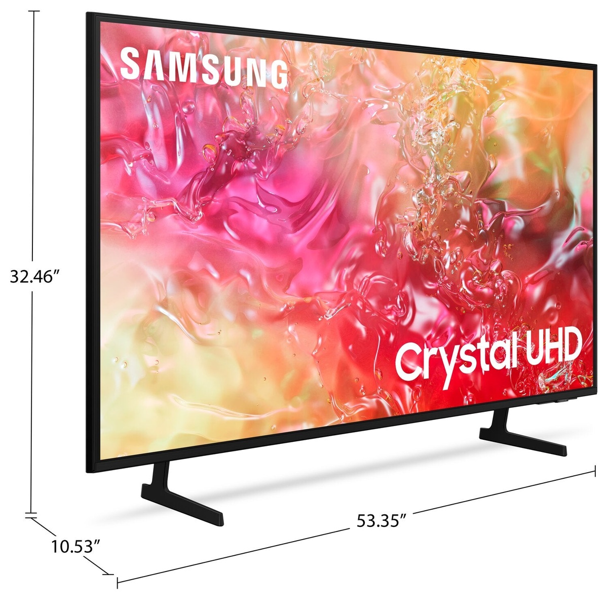 Samsung 60-inch TV shown with on-stand dimensions labeled: width, height, and depth.