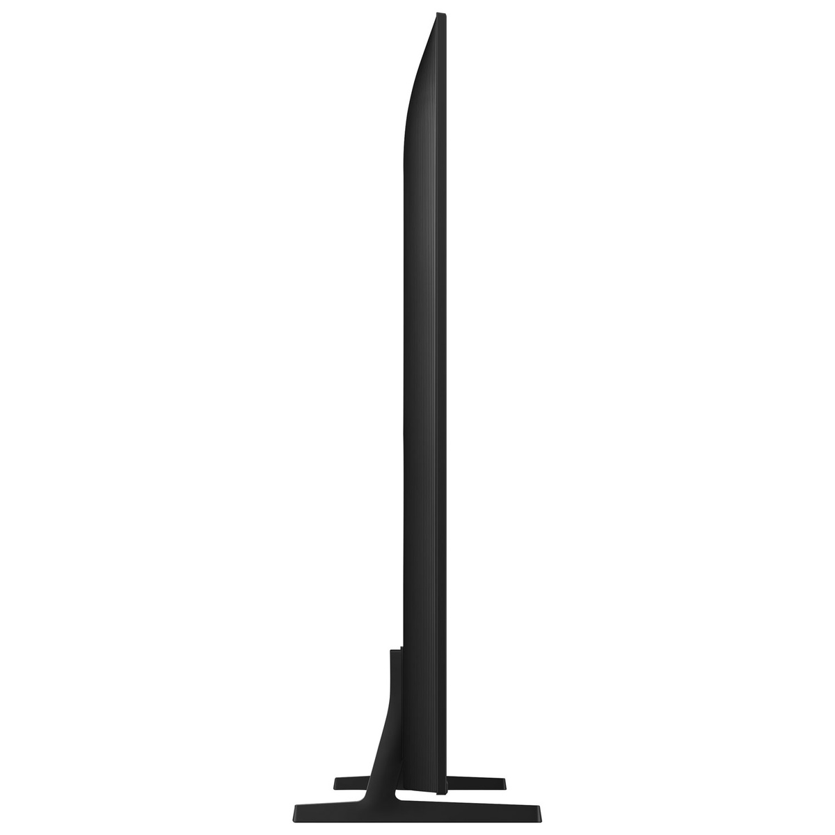 Side profile of the Samsung TV showing a slim, clean design with stand