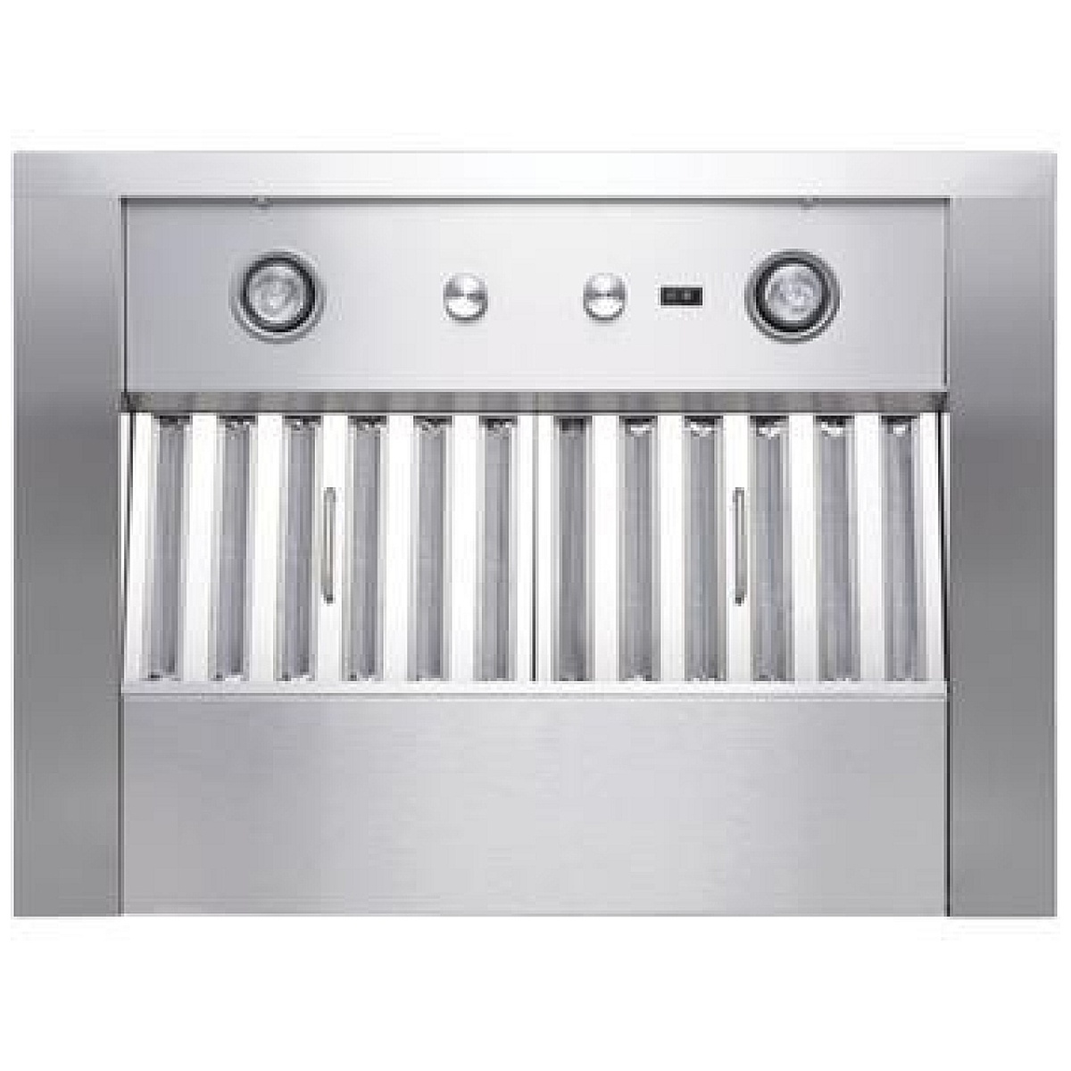 Underside of the range hood showing baffle filters and two round lights