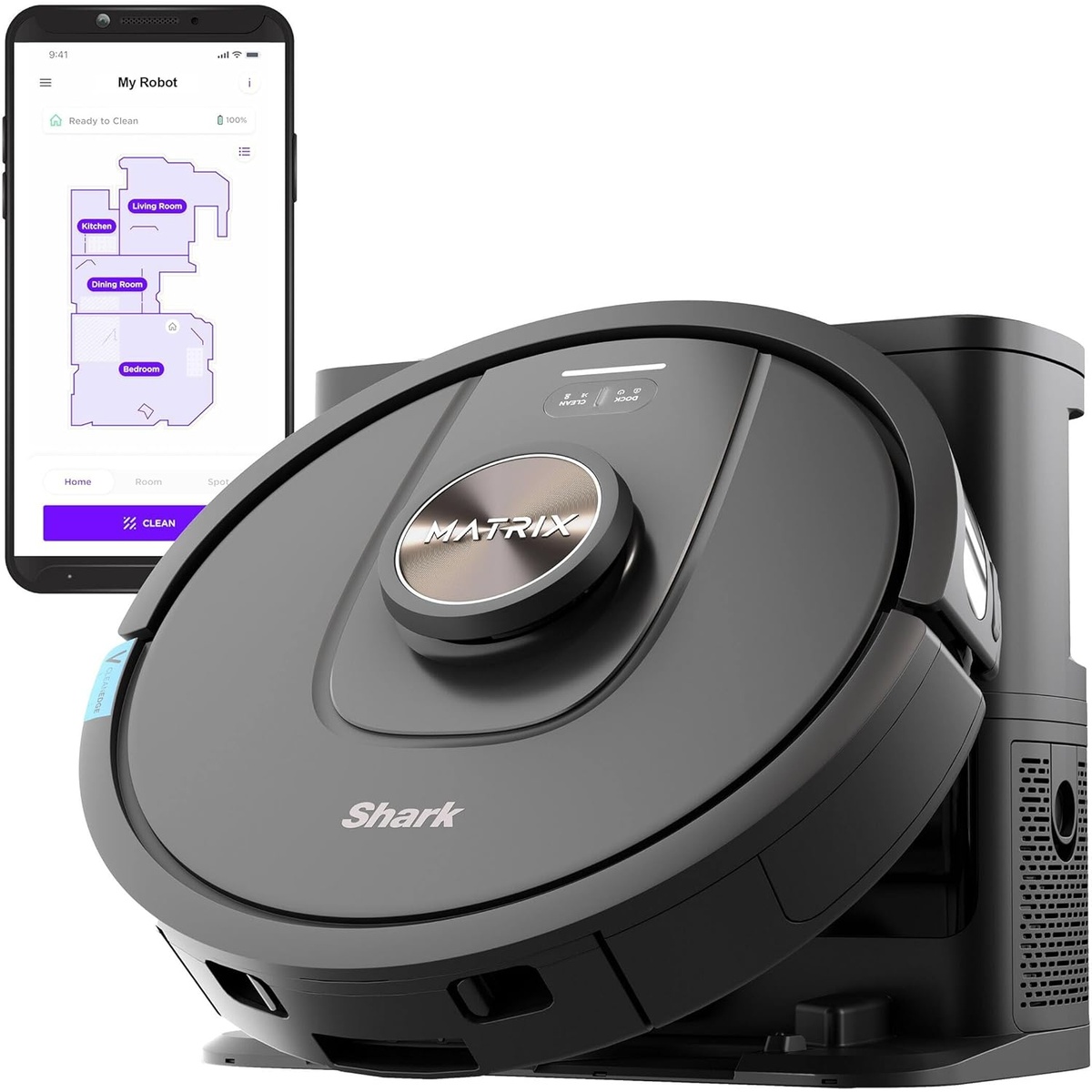 Robot vacuum next to smartphone displaying mapped rooms in the cleaning app