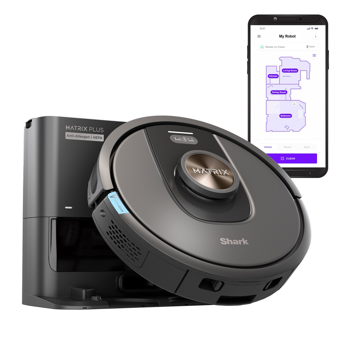 Robot vacuum with base shown next to a smartphone displaying home mapping in the Shark app