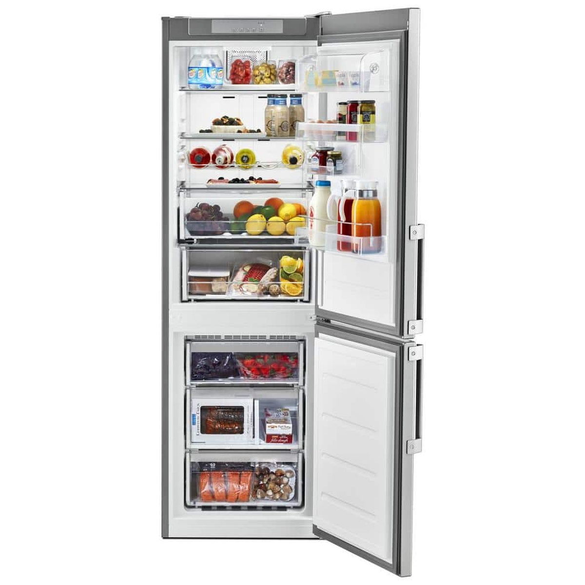Open Whirlpool 24-inch bottom-freezer refrigerator stocked to show organized shelves, door bins, and freezer drawers