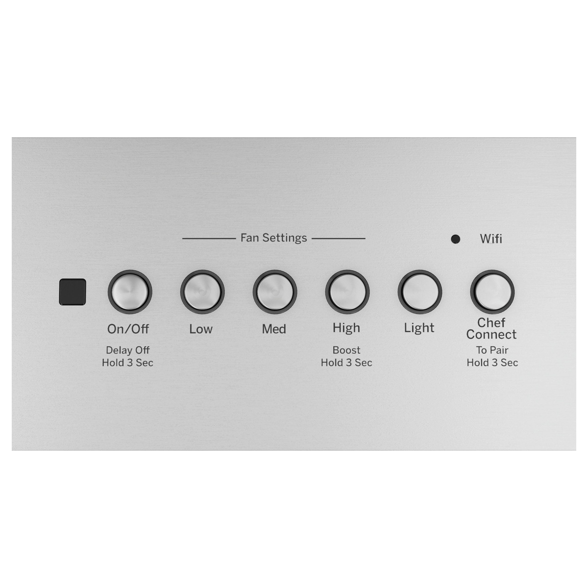 Close-up of GE hood control panel with fan speeds, light, WiFi and Chef Connect buttons.