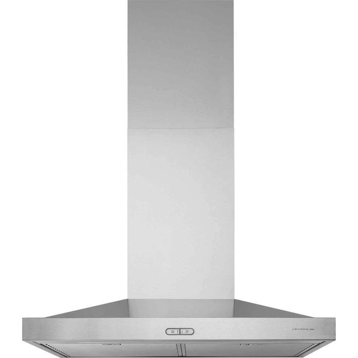 Front view of a stainless steel wall-mount chimney range hood with a touch control panel