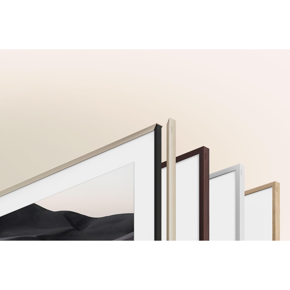 Lineup of different bezel styles and colors for Samsung The Frame, including sand gold and wood‑look options.