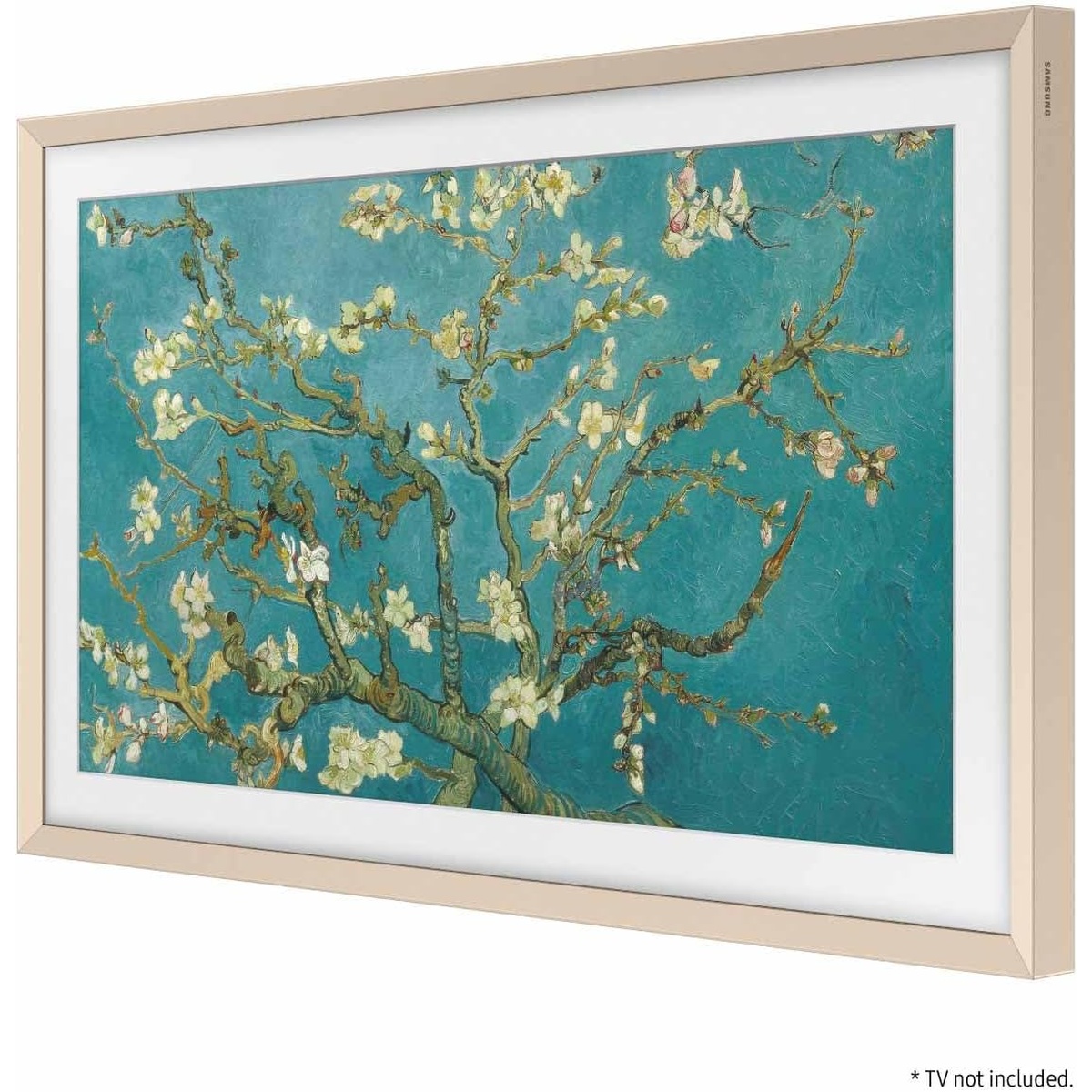 Samsung The Frame TV shown with sand gold beveled bezel on three‑quarter angle.