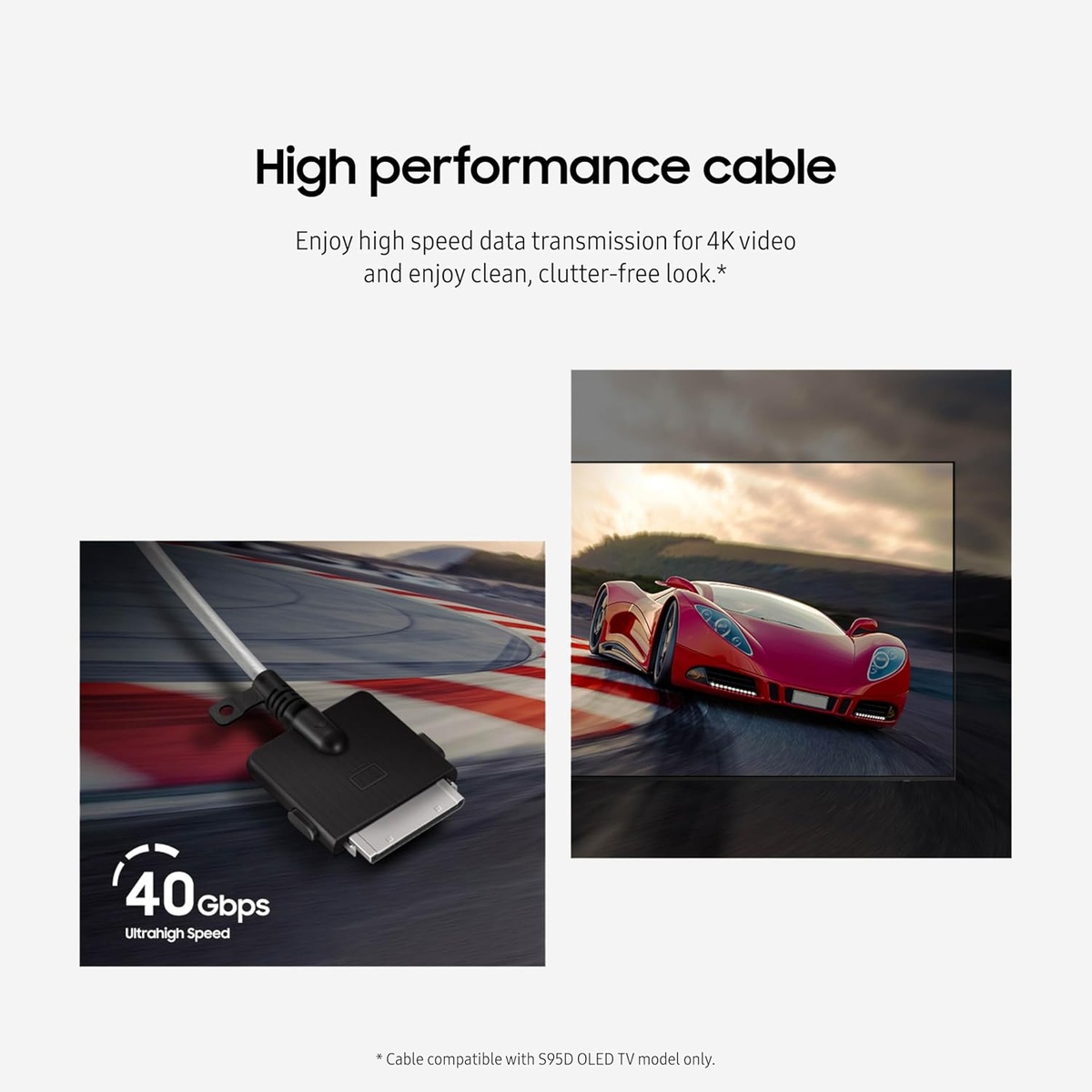 Close-up of the One Connect Cable and a 4K action scene, emphasizing high-speed transmission.