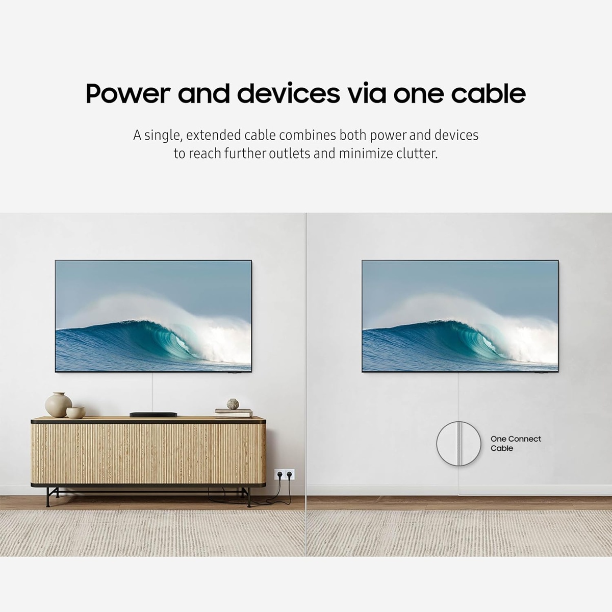 Side-by-side comparison showing a TV setup with multiple cables versus a single One Connect Cable carrying power and devices.