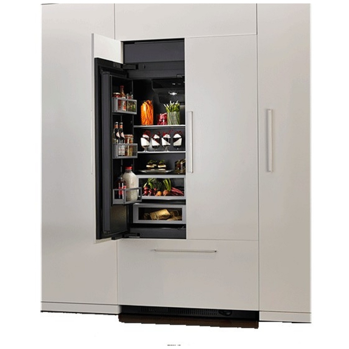 Integrated refrigerator with white panels; flush alignment across surrounding cabinetry.