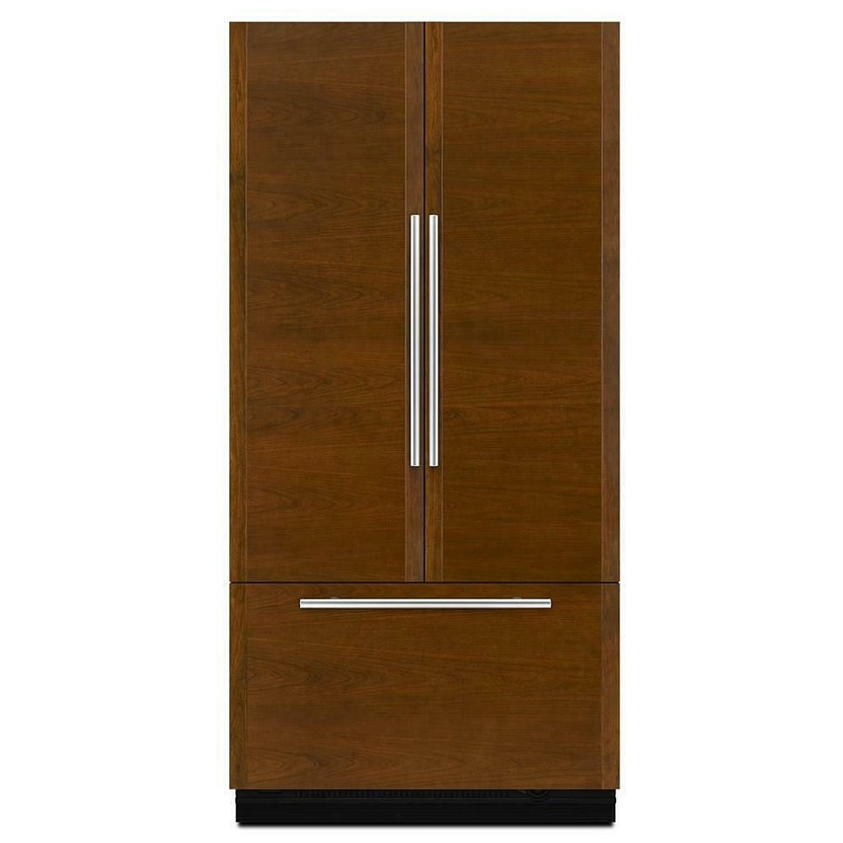 Closed refrigerator with wood cabinet panels and sleek metal handles.