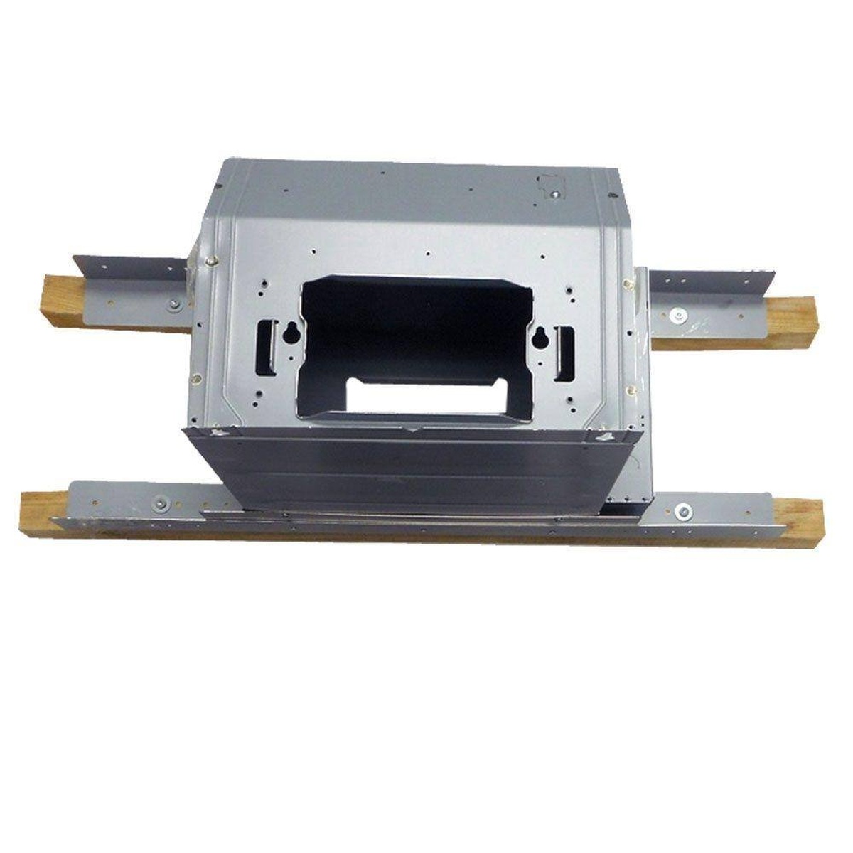 Whirlpool W10692945 in-line range hood blower assembly with mounting rails.