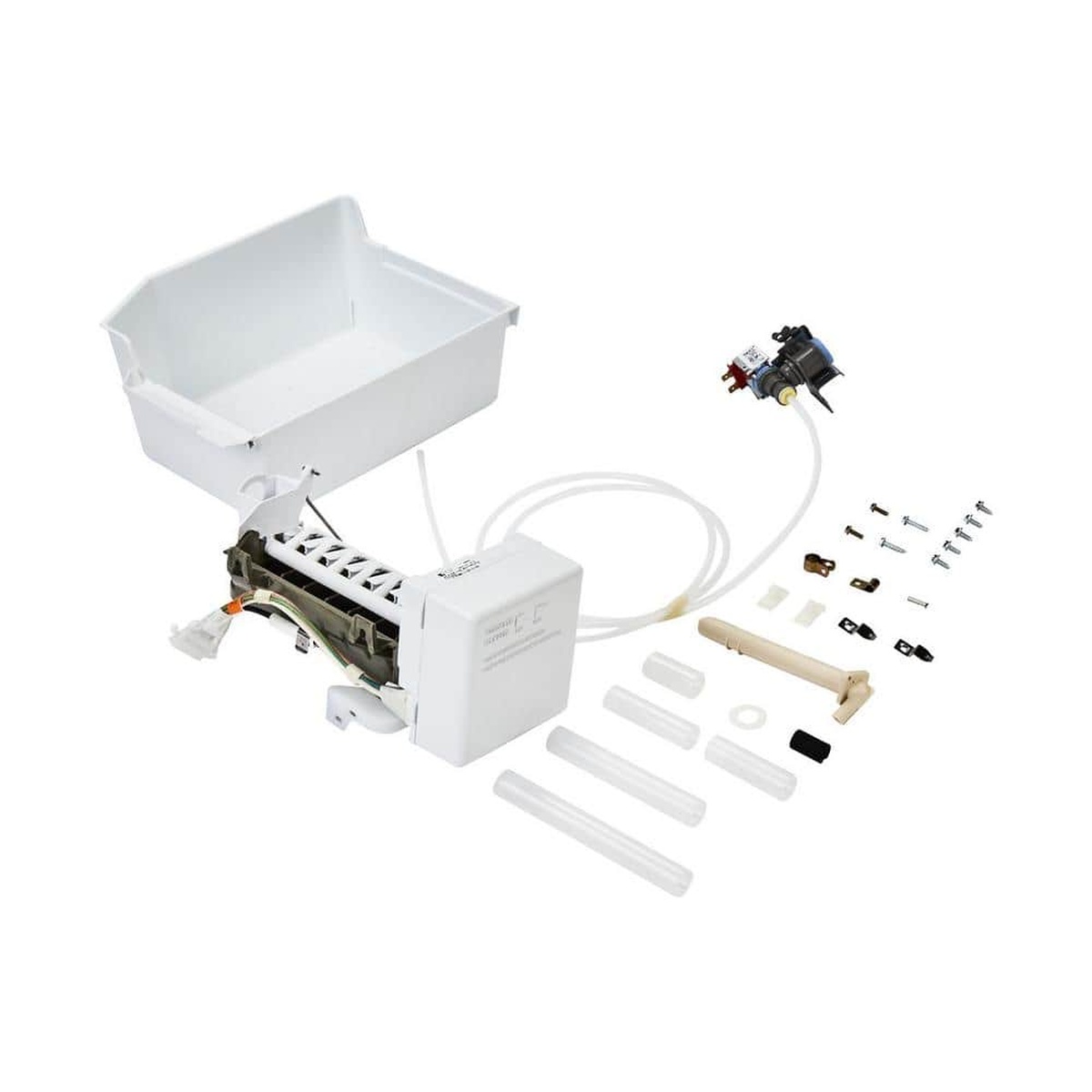 All components of Whirlpool W11510803 ice maker kit including bucket, valve, tubing and hardware