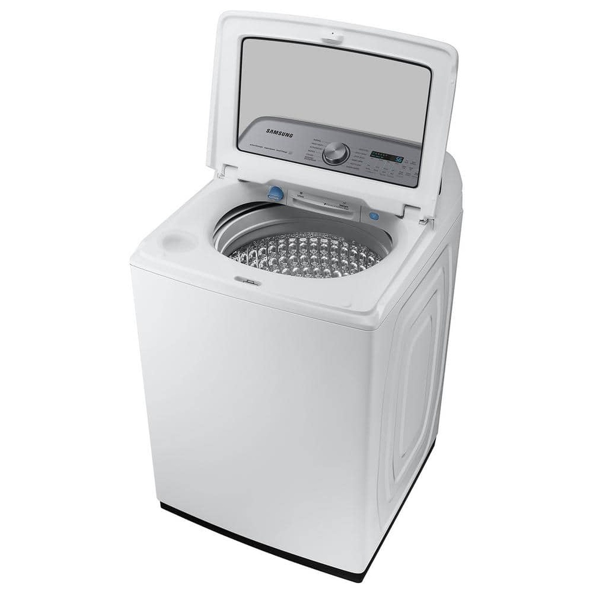 Top-load washer open showing large stainless steel drum and glass lid.