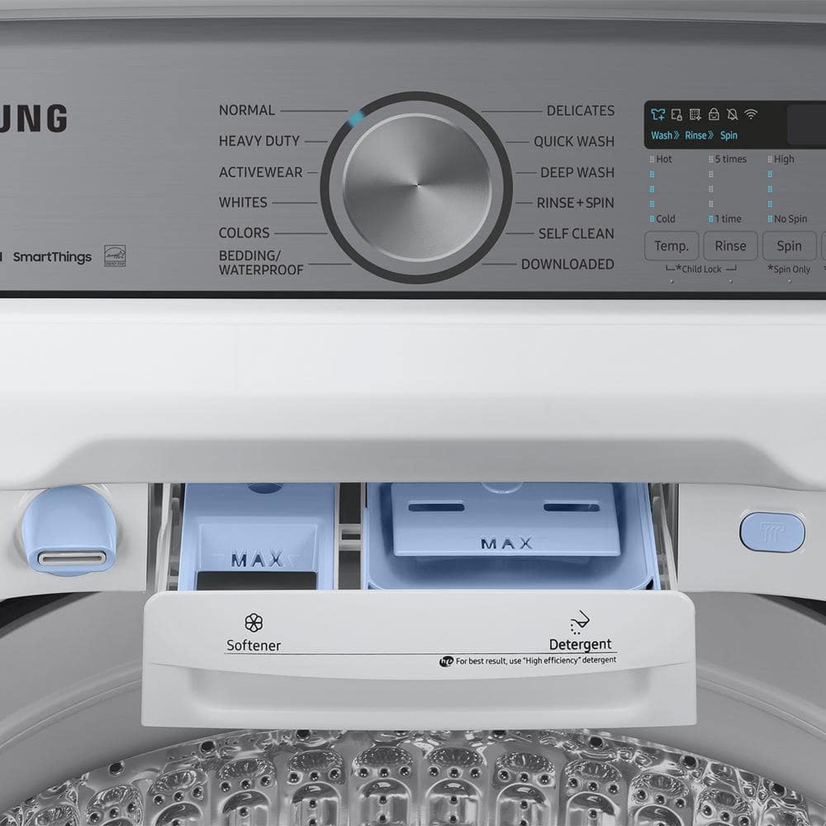 Washer control panel and detergent/softener dispenser with cycle dial.