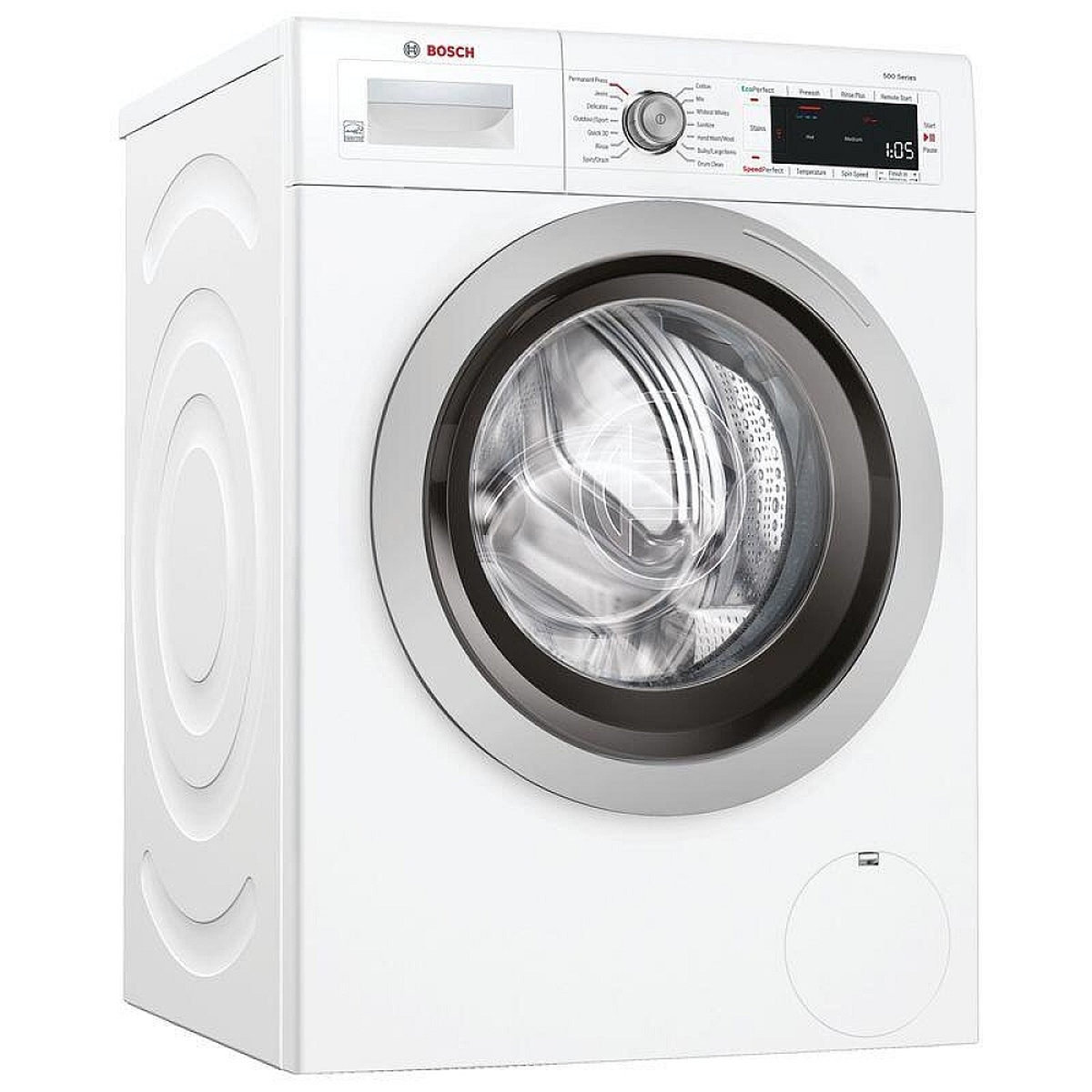 Bosch 24-inch front-load washer in white with large door and LED display
