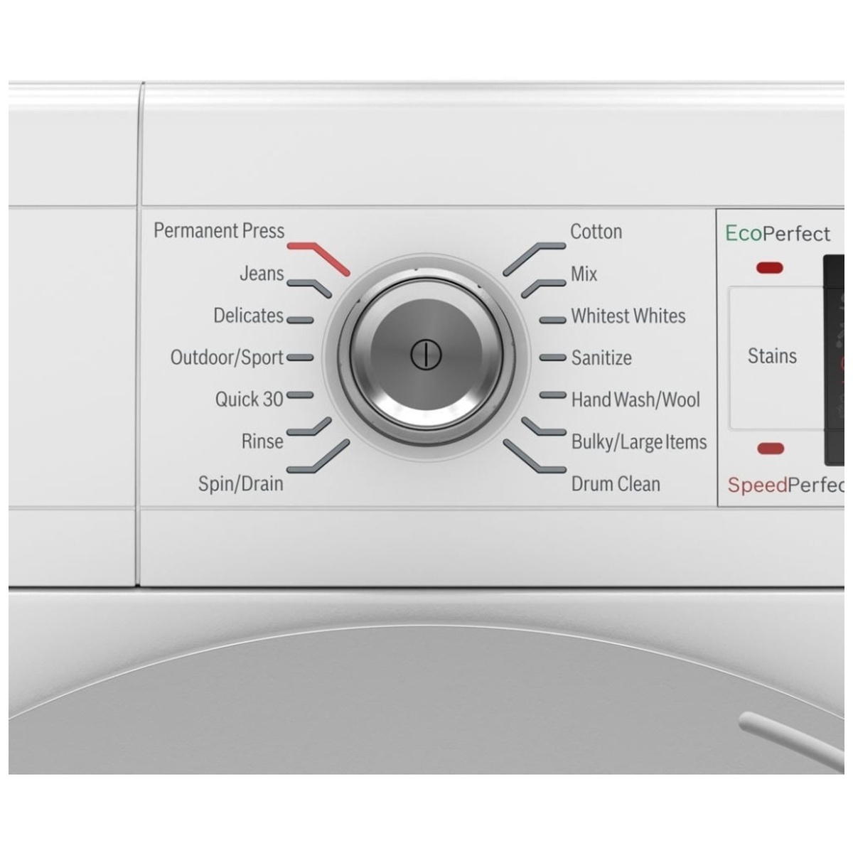 Close-up of washer control dial showing cycles like Cotton, Delicates, Sanitize, Quick 30