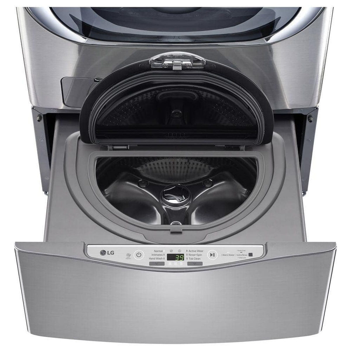 LG SideKick pedestal washer drawer open showing stainless drum and control panel.