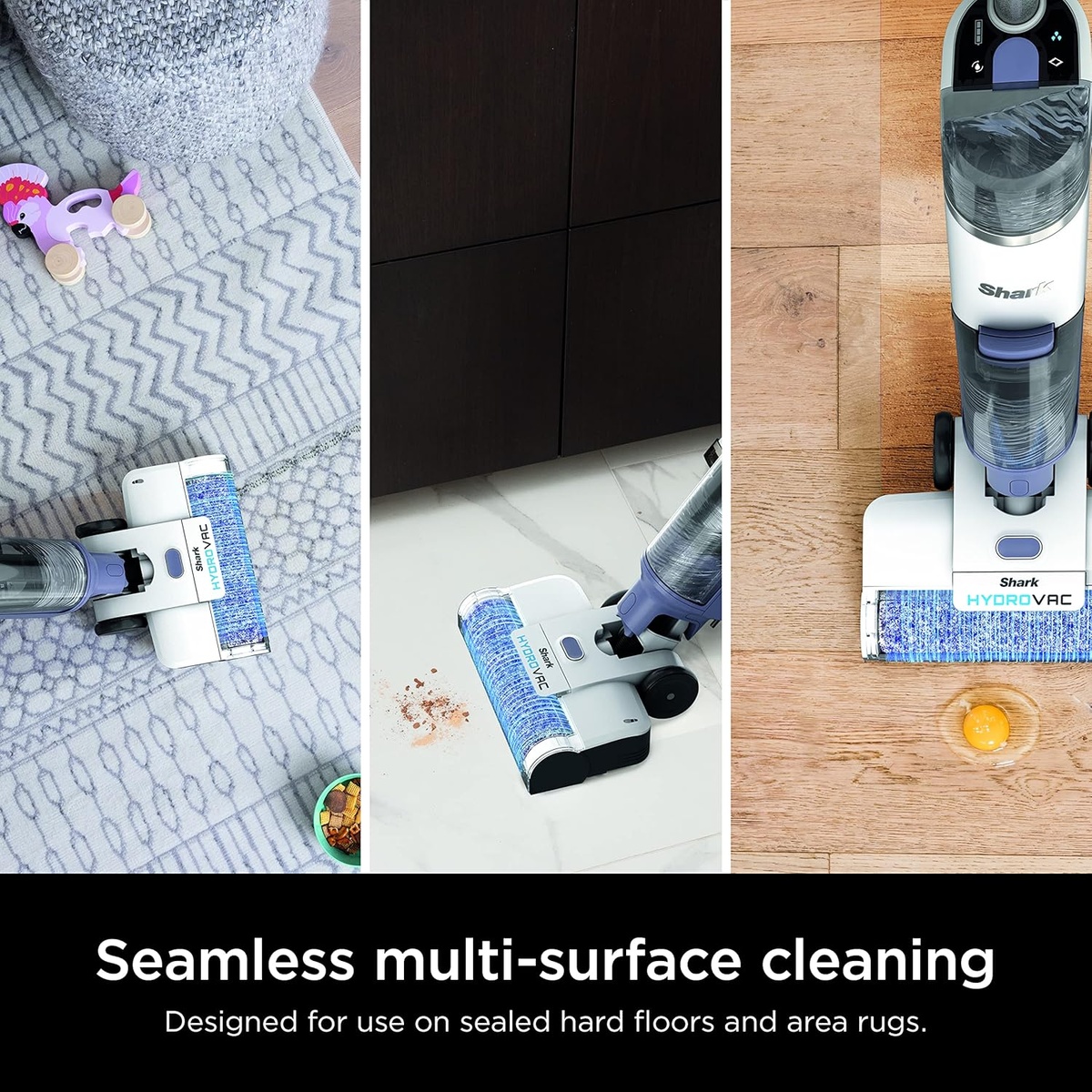 HydroVac cleaning an area rug, tile floor, and wood floor