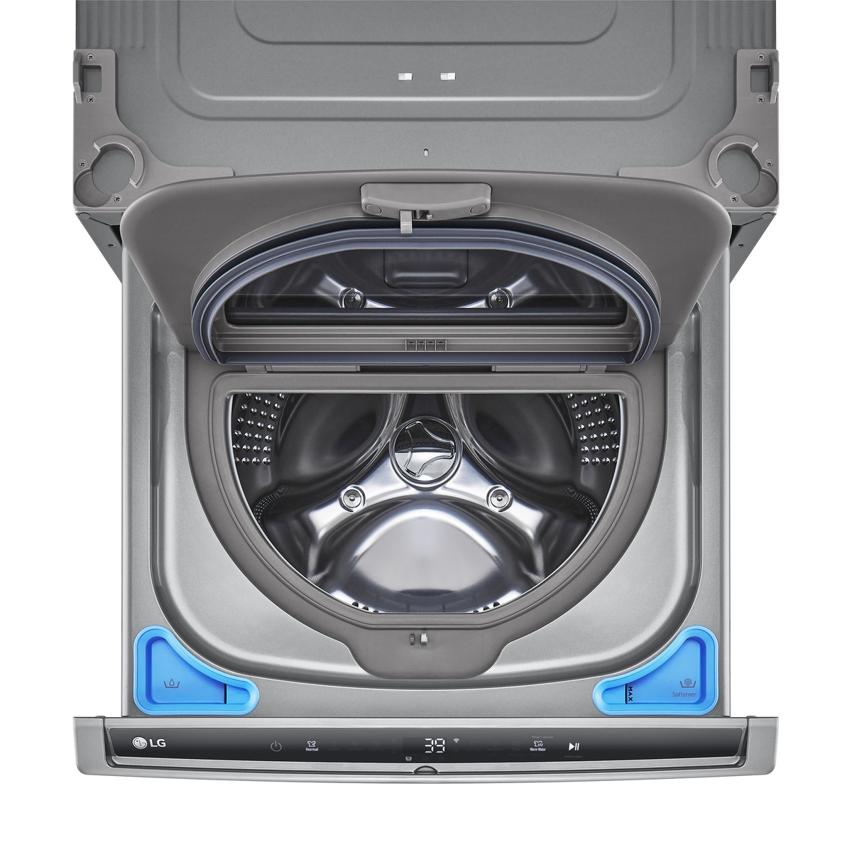 Open LG SideKick pedestal washer revealing stainless steel drum