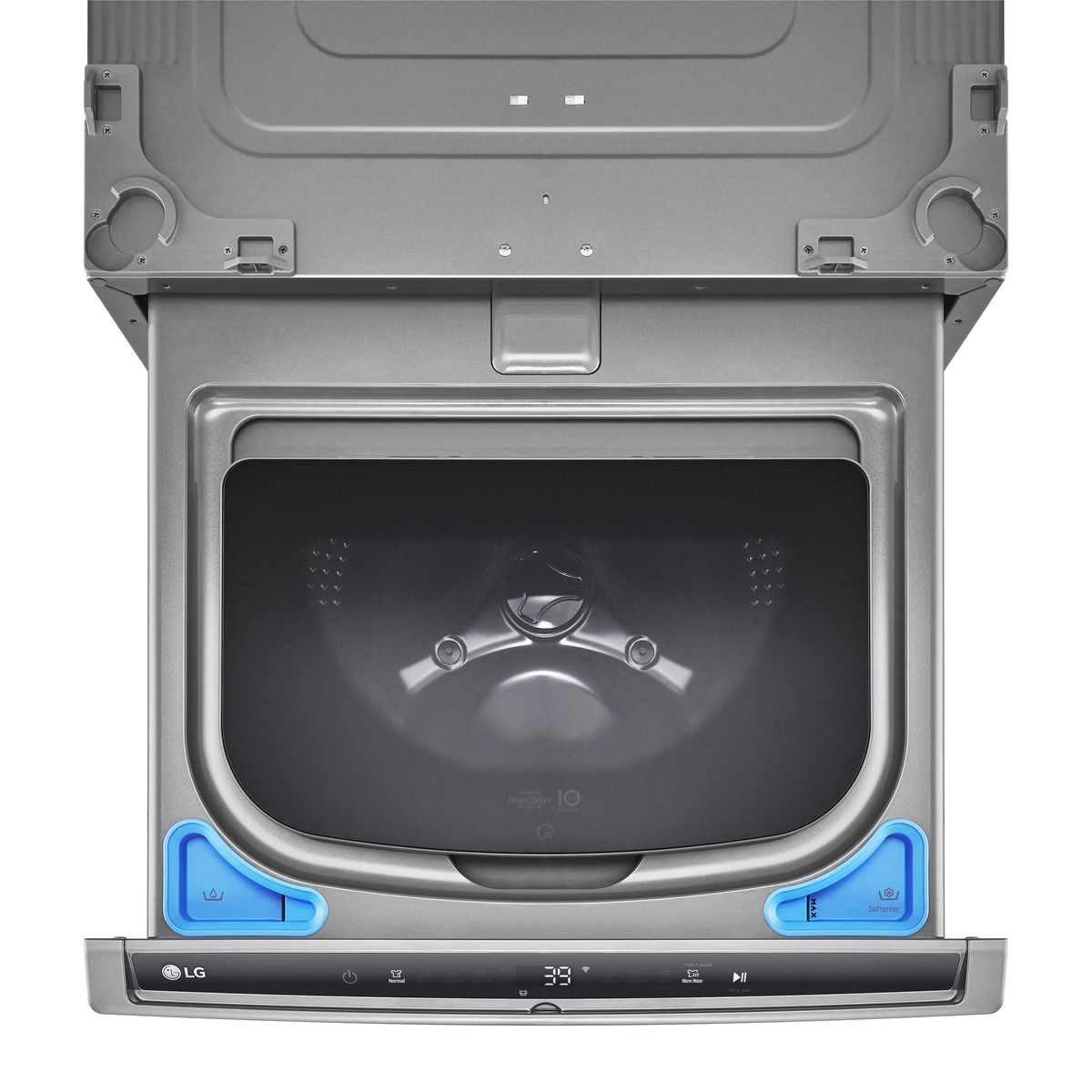 Top view of LG SideKick pedestal washer showing detergent and softener dispensers