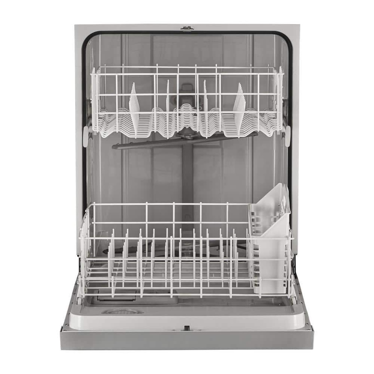 Dishwasher interior showing upper and lower racks with cutlery basket