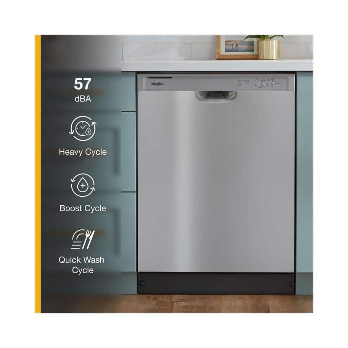 Whirlpool dishwasher in kitchen showing 57 dBA, Heavy, Boost, and Quick Wash icons