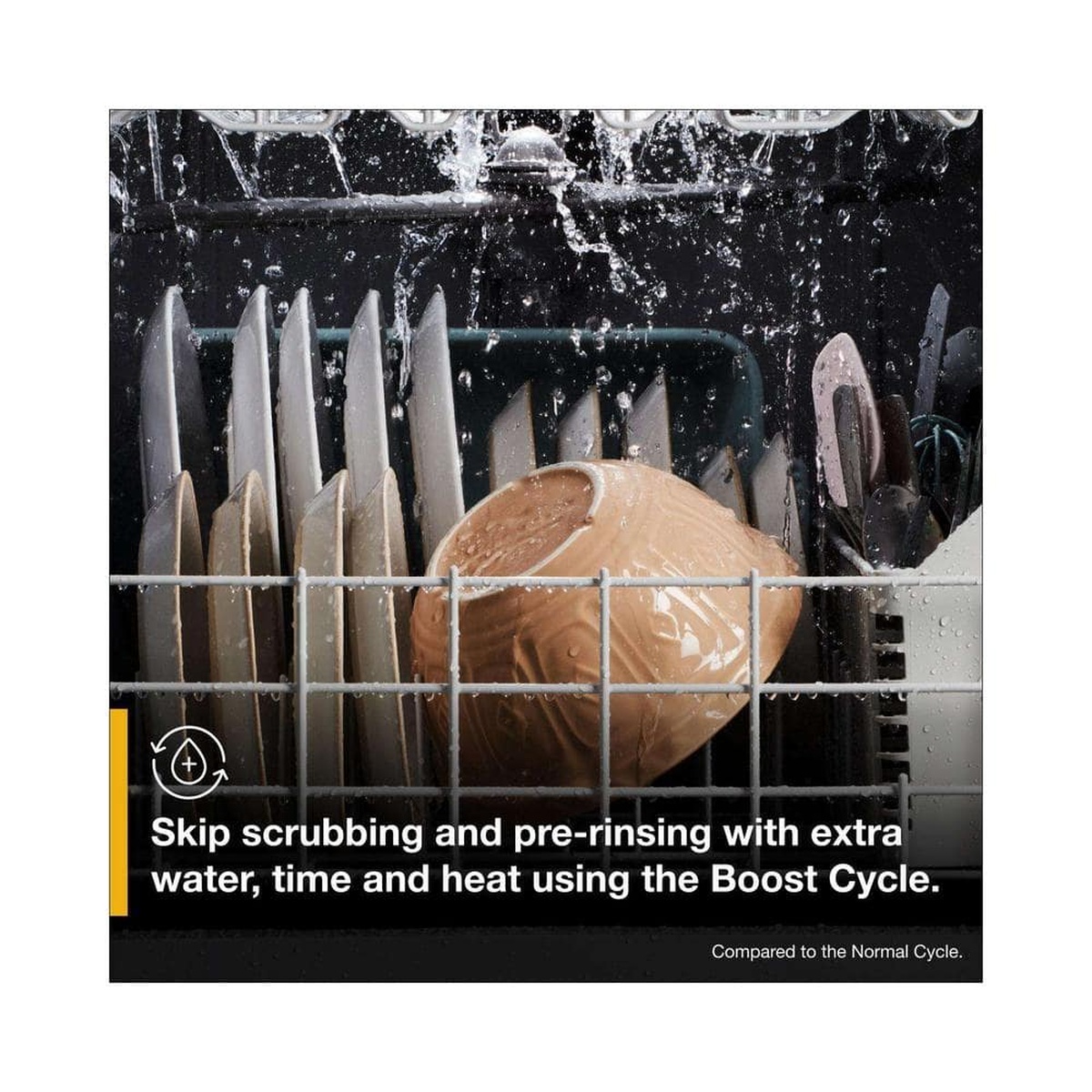 Boost Cycle in action with dishes and utensils sprayed inside the rack