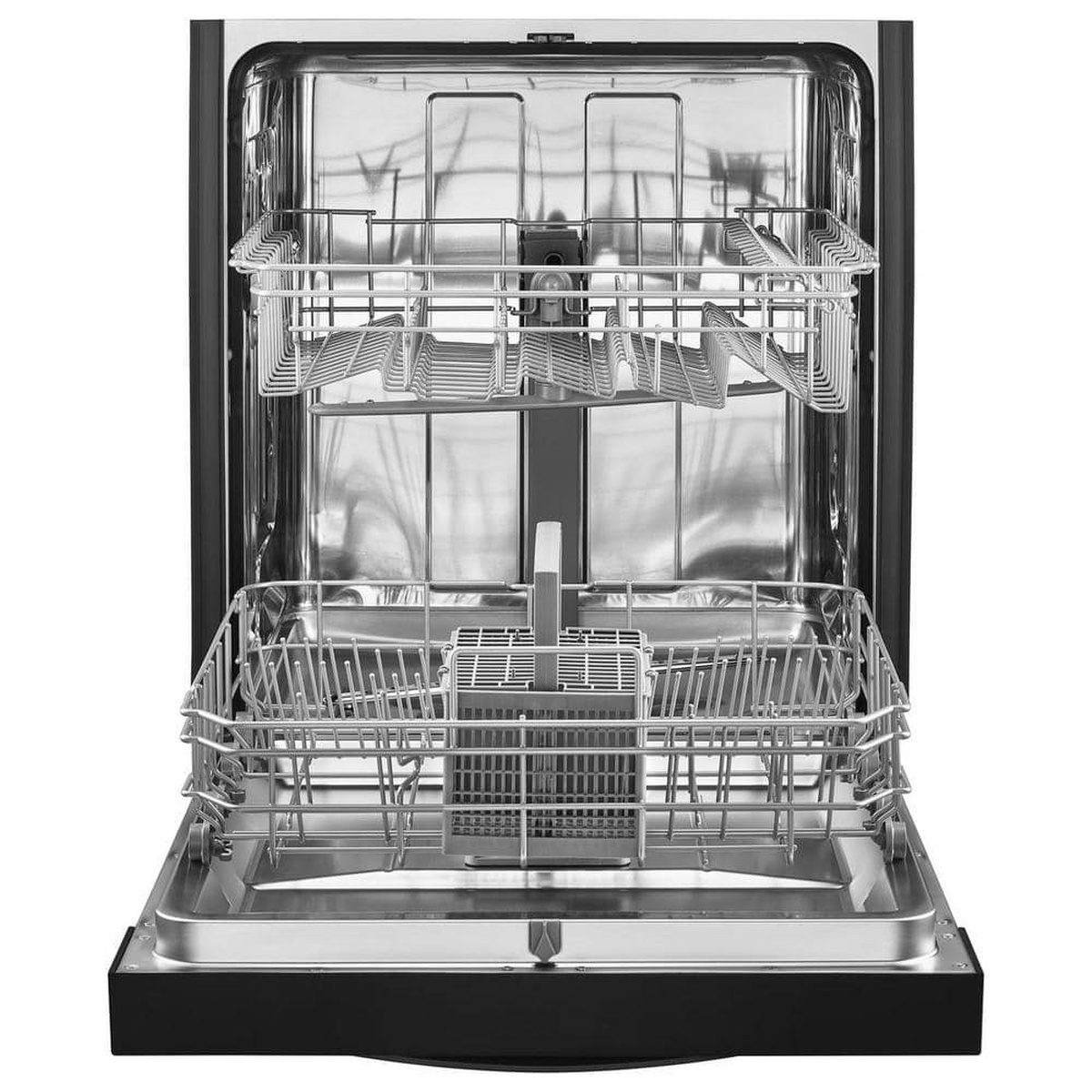 Dishwasher interior with two racks and stainless steel tub.
