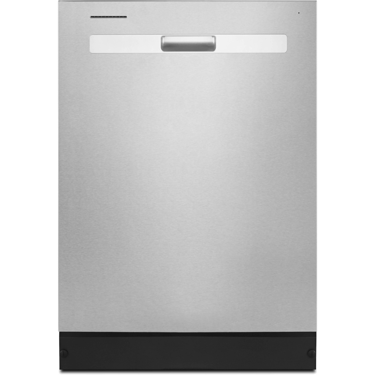 Front view of stainless steel built-in dishwasher door with pocket handle