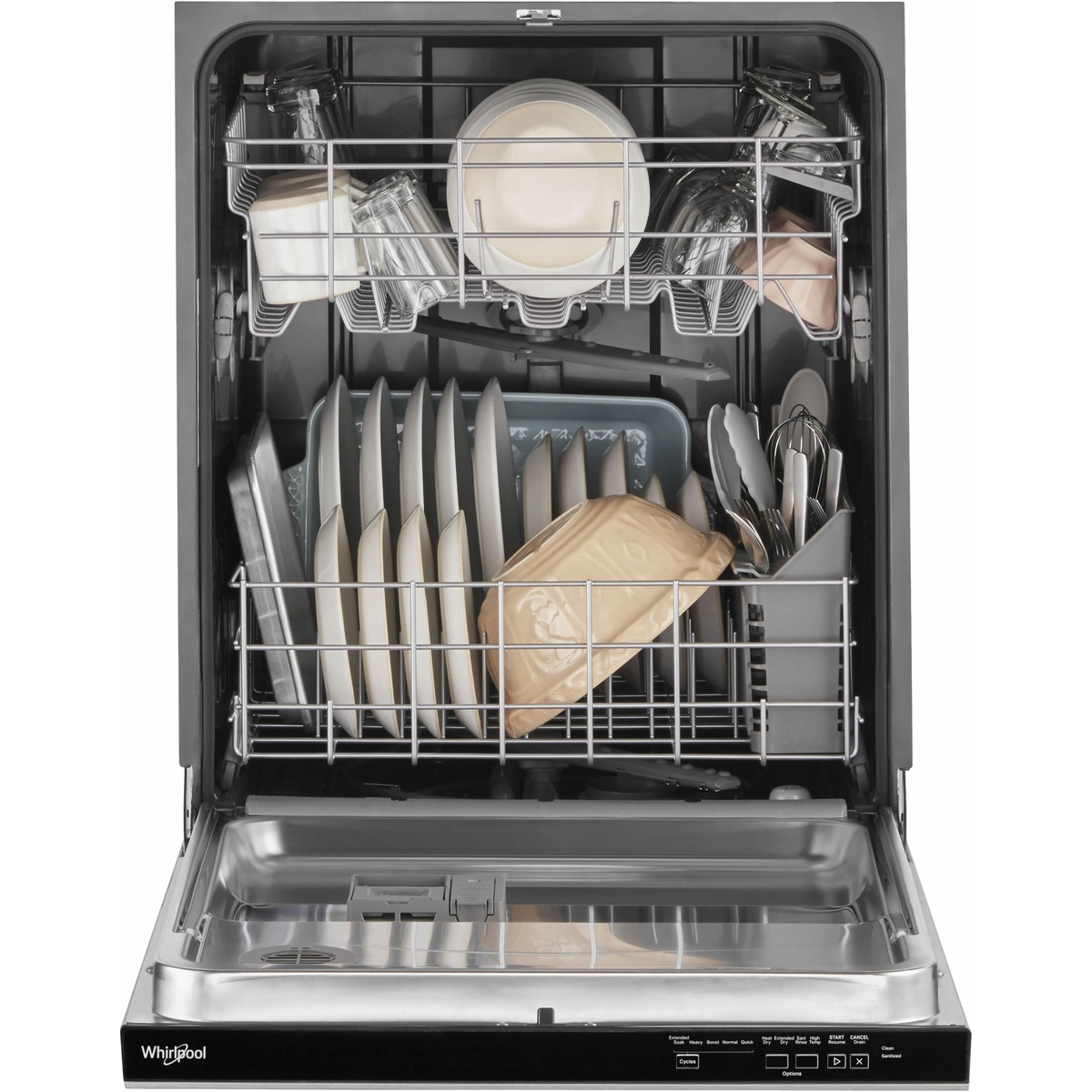 Open dishwasher loaded with plates, bowls, glasses, and utensils