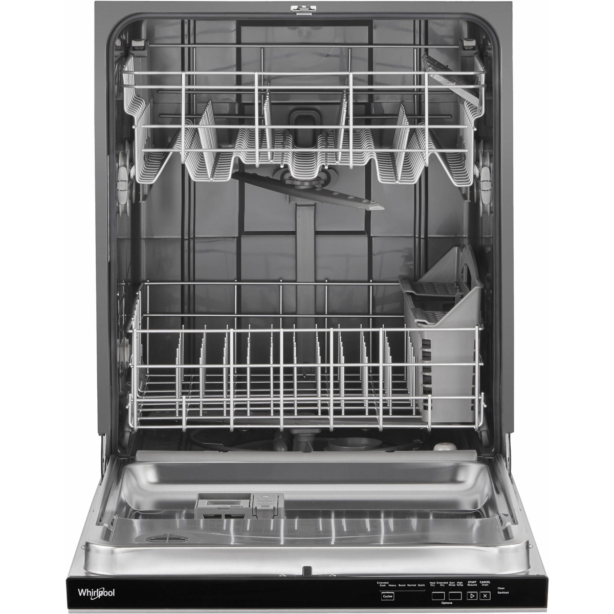 Open dishwasher showing two racks and dark interior tub