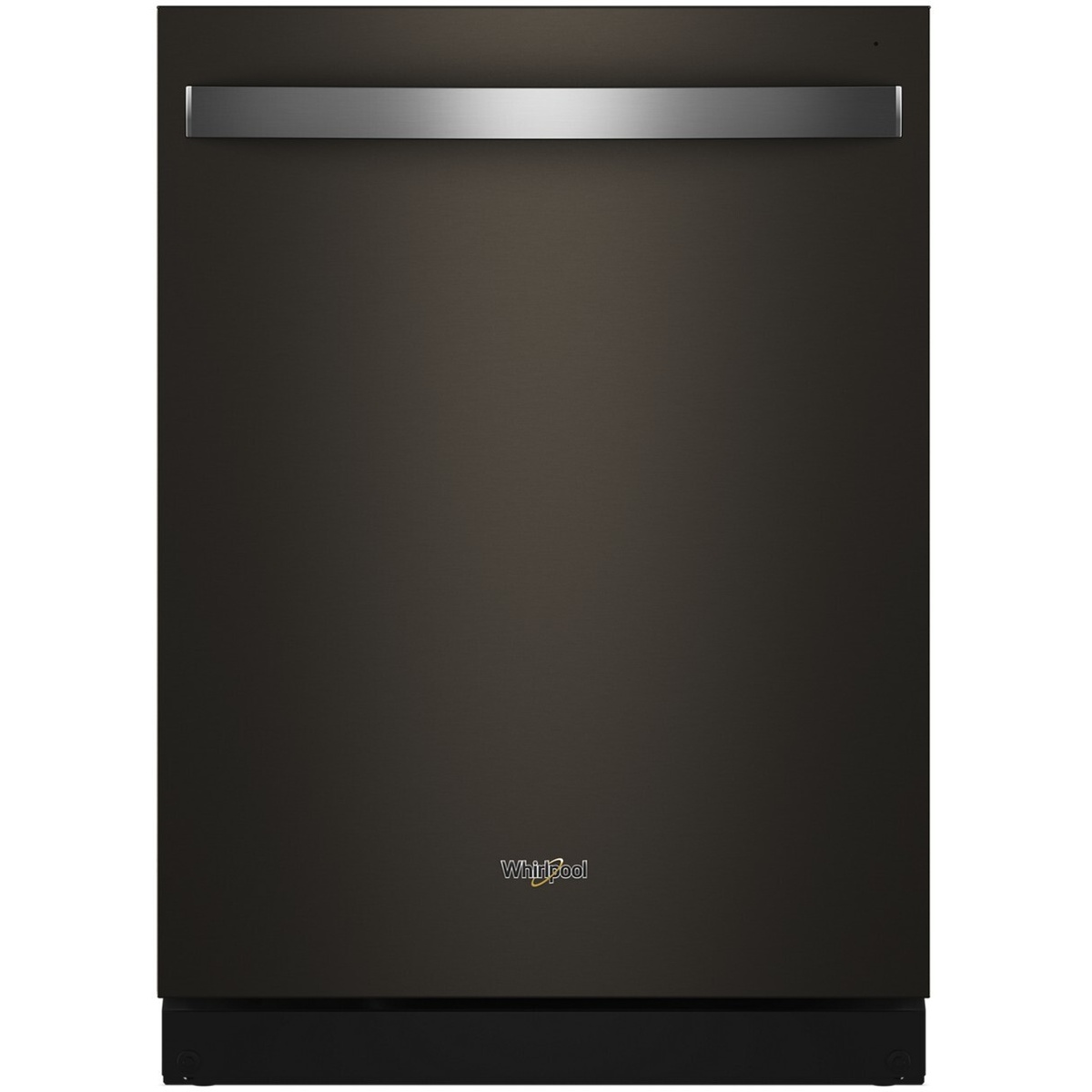 Front view of Whirlpool dishwasher with black stainless finish and towel-bar handle