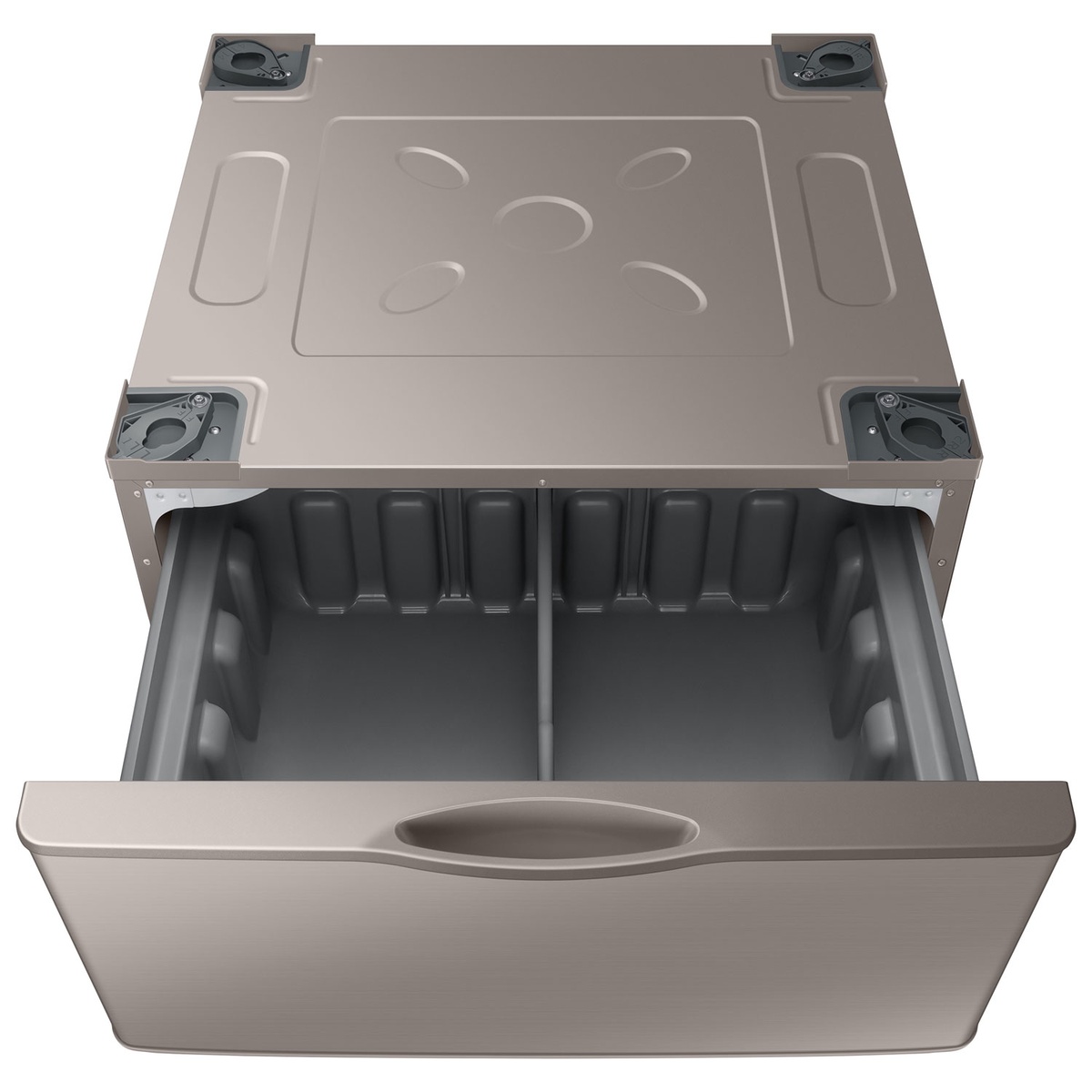 Open storage drawer of the Samsung pedestal with divided interior