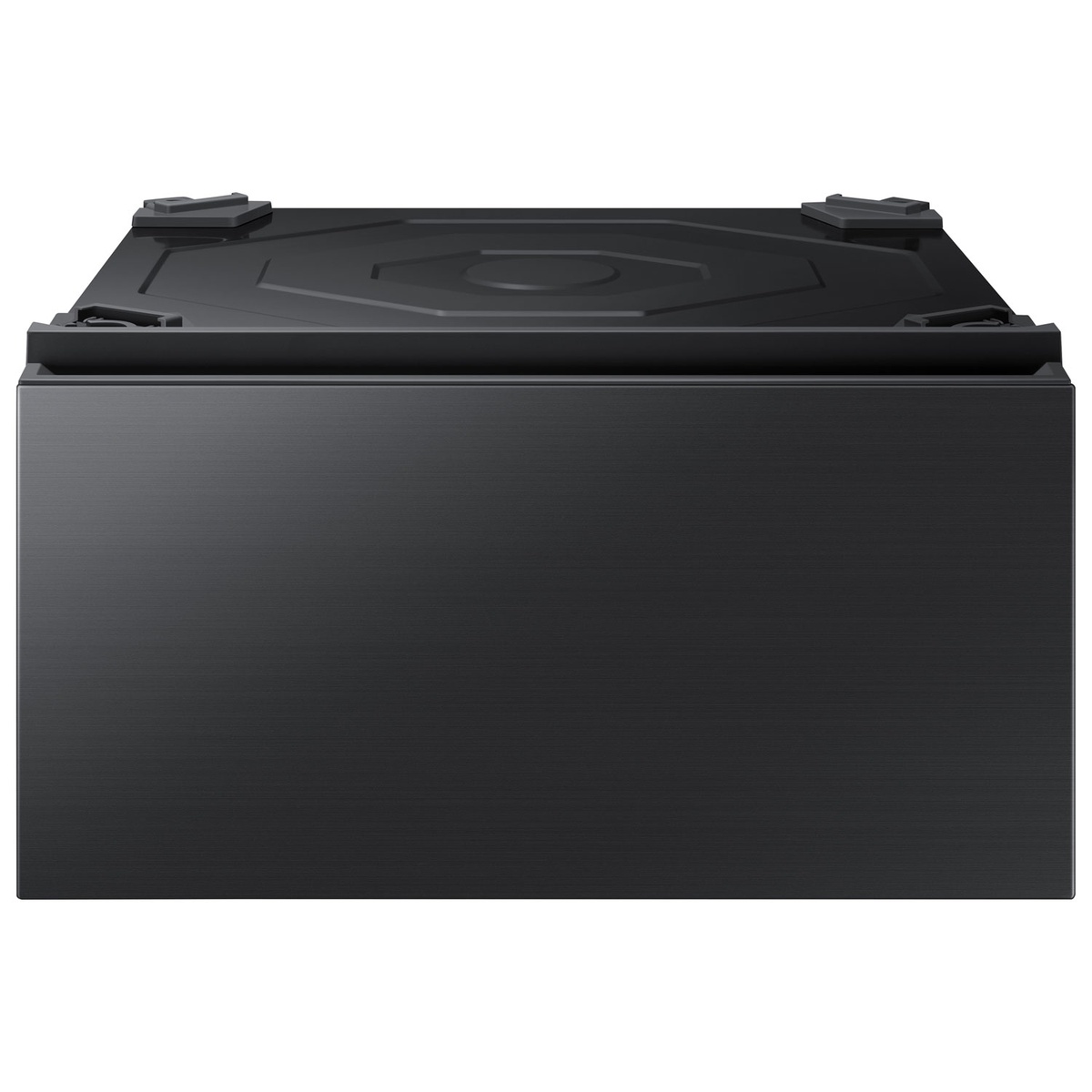 Front view of Samsung 27-inch laundry pedestal in brushed black finish.
