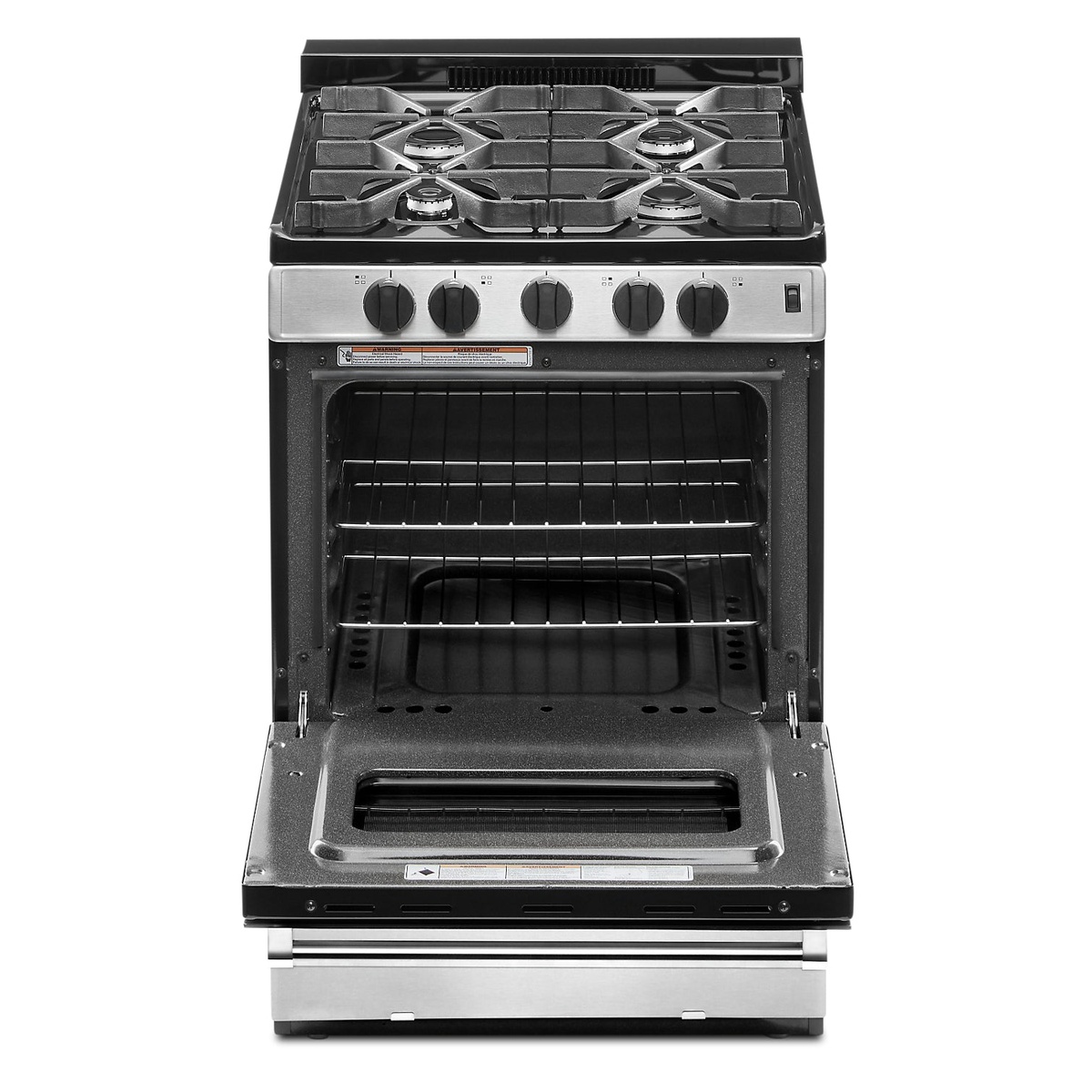 Open oven cavity with racks and lower broiler drawer visible on Whirlpool gas range.