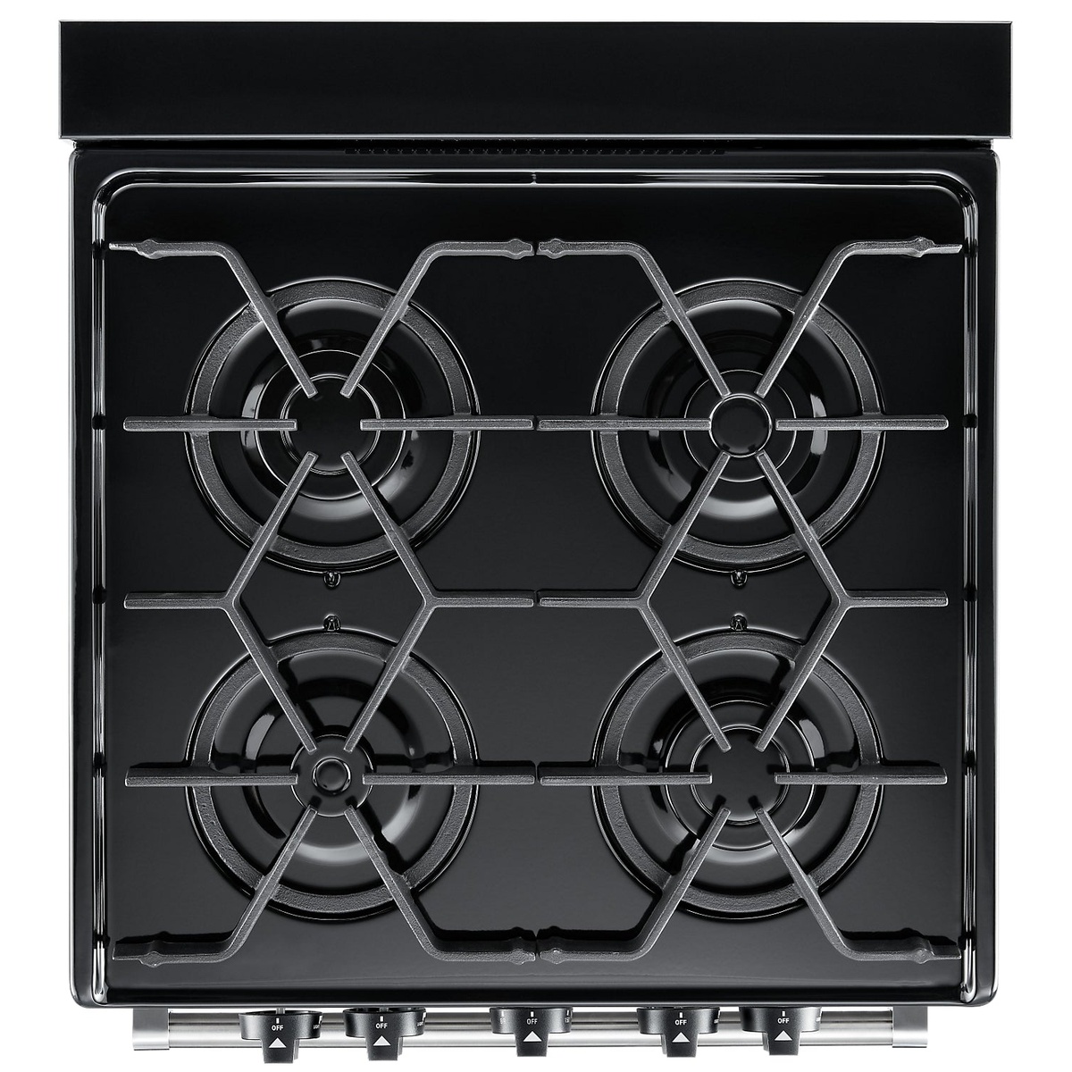 Top view of cooktop with four sealed burners and continuous cast-iron grates.