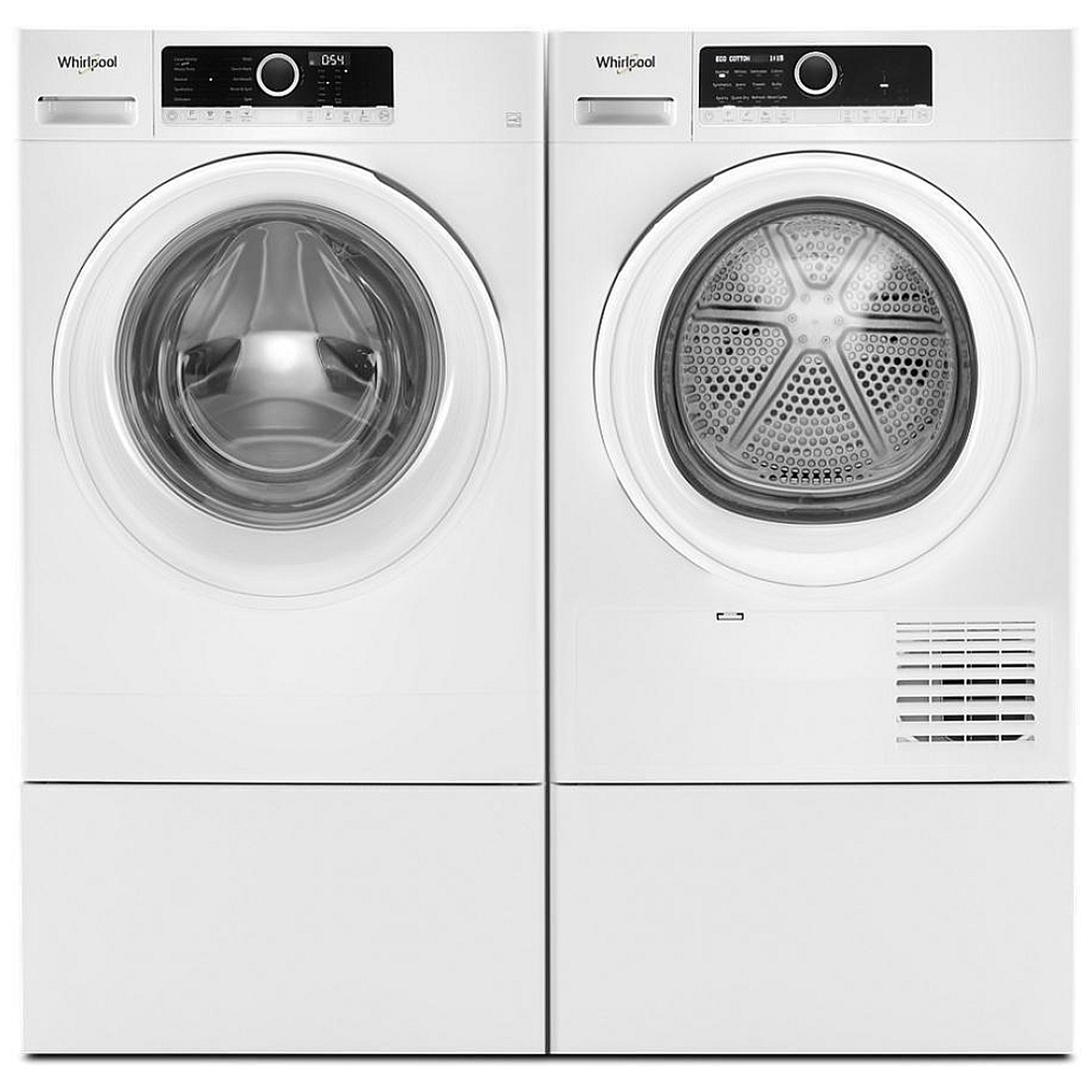 Compact Whirlpool laundry pair on matching white pedestals.