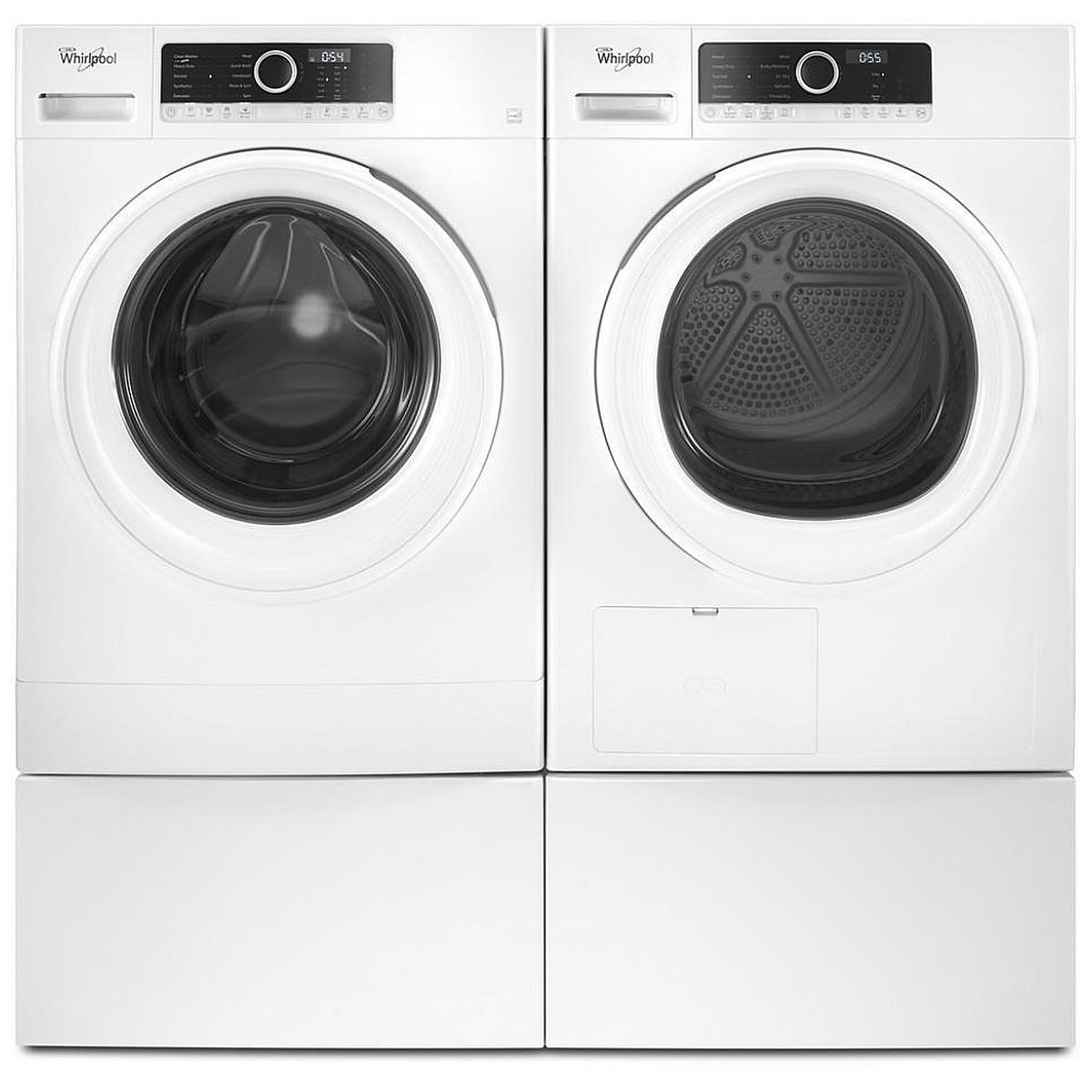 Compact Whirlpool washer and dryer installed on matching pedestals, front view.