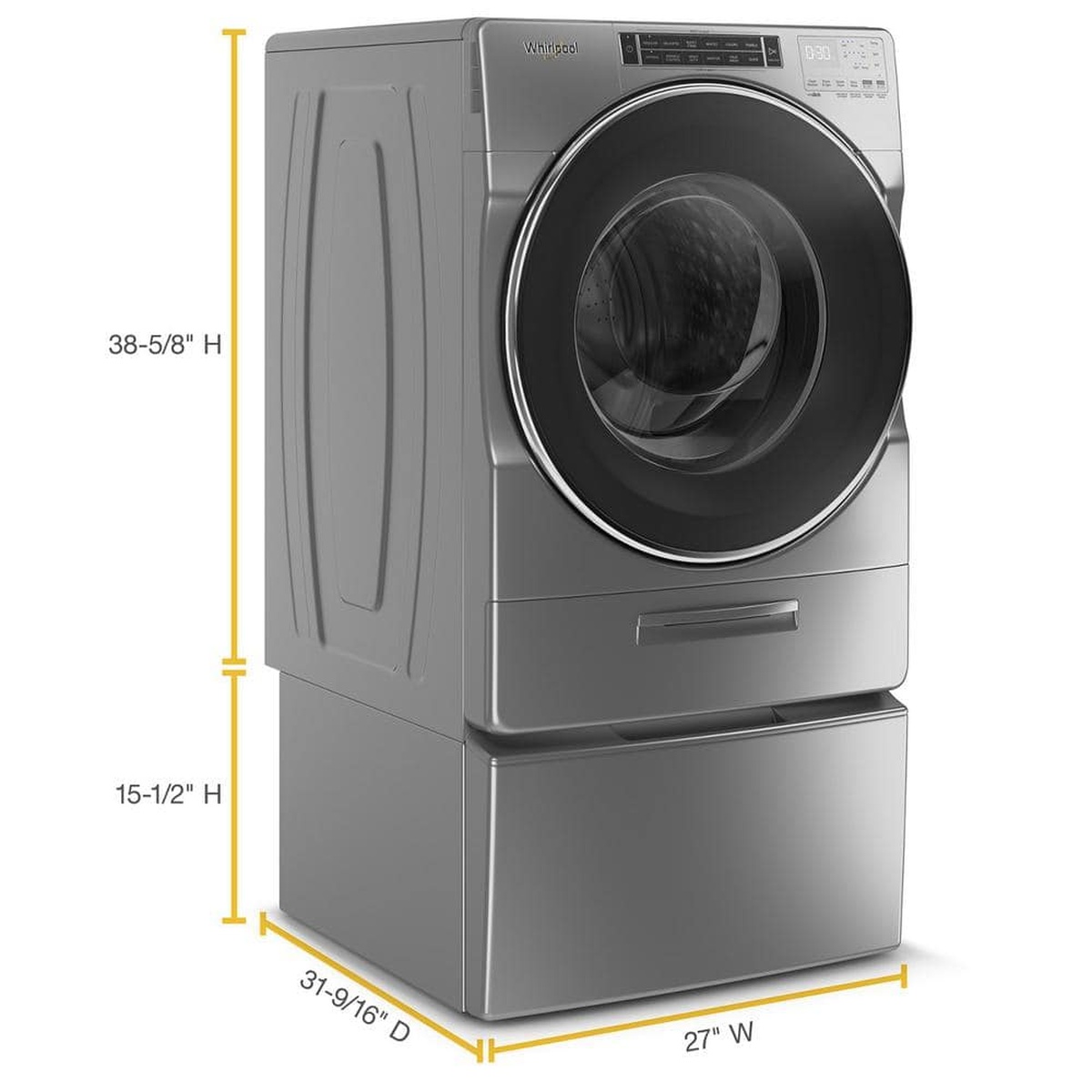 Washer on pedestal with dimensions labeled 27 in. width and 31-9/16 in. depth, 15-1/2 in. pedestal height